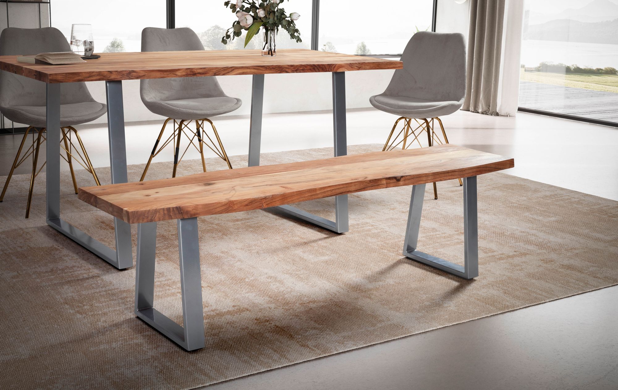 Banco de comedor 140x40x45,5 cm madera maciza de acacia / metal con borde de árbol, banco de mesa de comedor banco de madera maciza sin respaldo, banco de cocina banco de comedor cromado moderno, banco de comedor pequeño