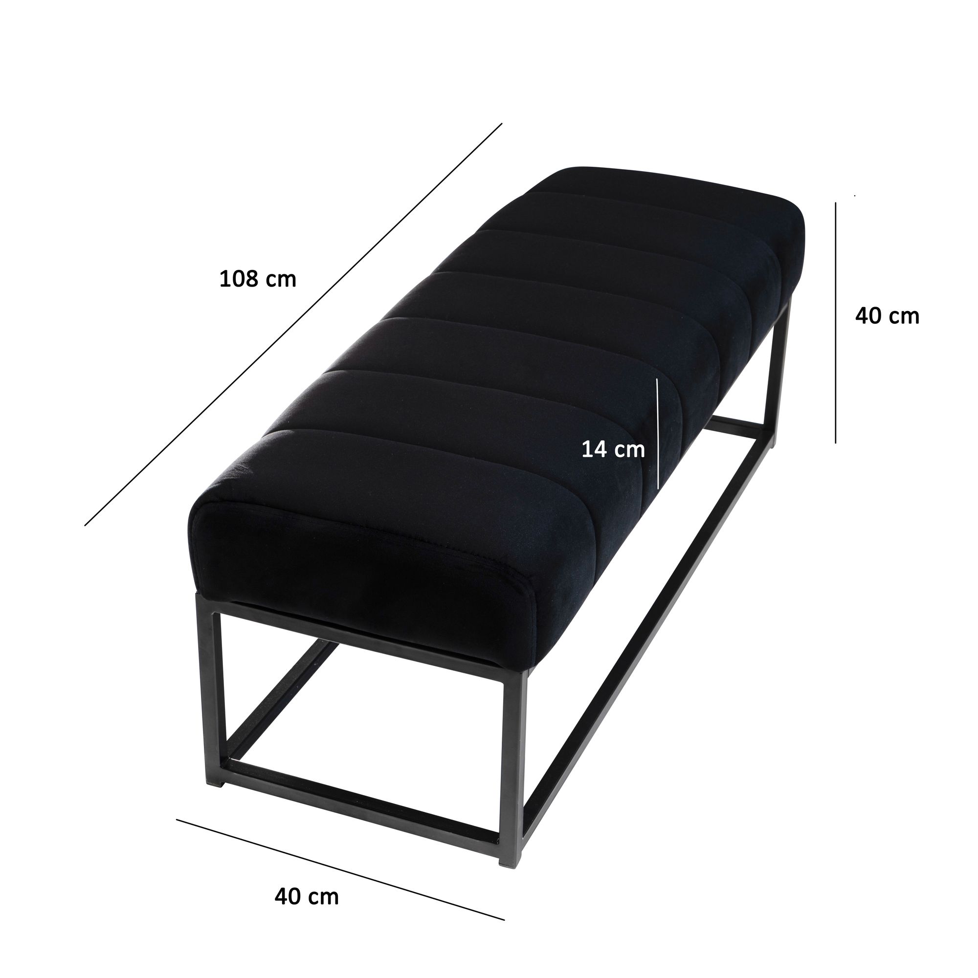 Banco de terciopelo de pasillo negro tapizado con estructura de metal 108x40x40 cm, banco para dormitorio acolchado de armario moderno