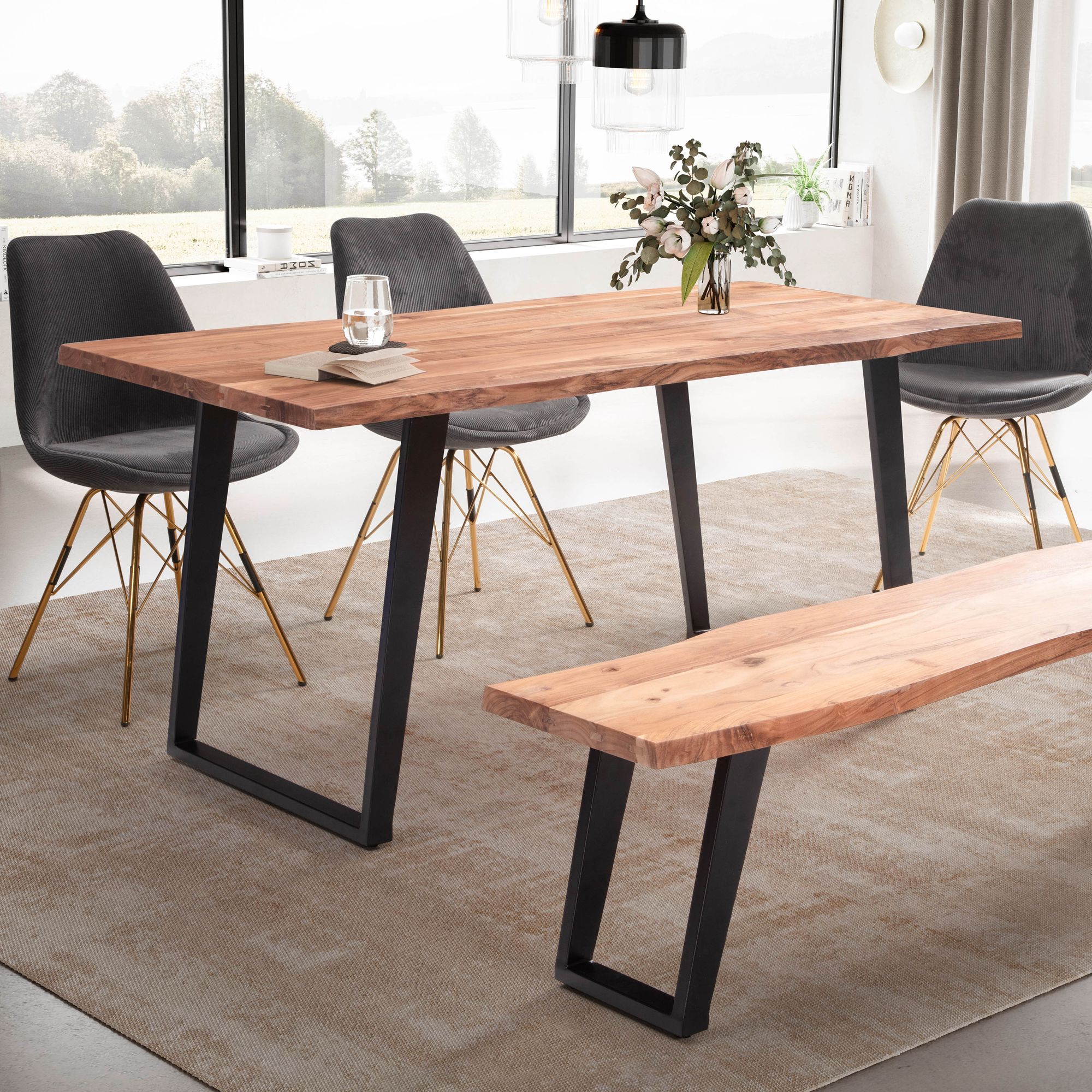 Mesa de comedor 120x60x76 cm mesa de comedor de madera maciza de acacia/metal borde de árbol, mesa de cocina maciza con patas en u en negro, mesa de madera mesa de comedor rectangular