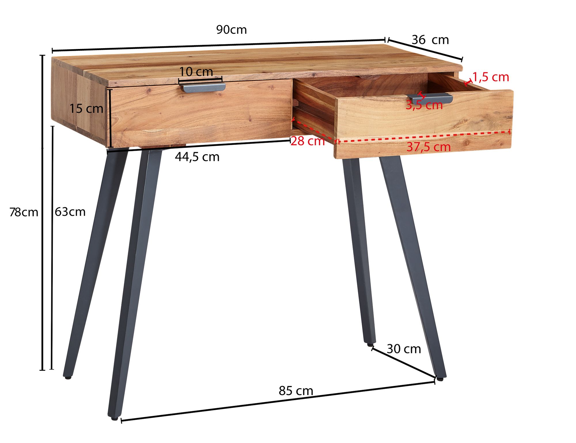 Consola  90 x 78 x 36 cm acacia consola sólido de madera / metal con cajones