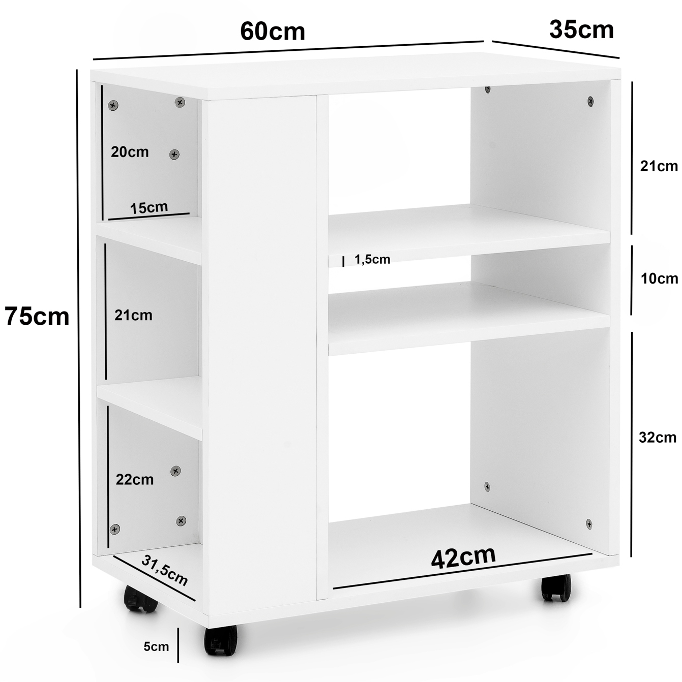 Estantería wl5.694 blanco 60 x 75 x 35 cm carro con ruedas madera, estante de cocina estrecho, mesa para teléfono con carro moderno, estantería para libros contenedor de pie estrecho alto