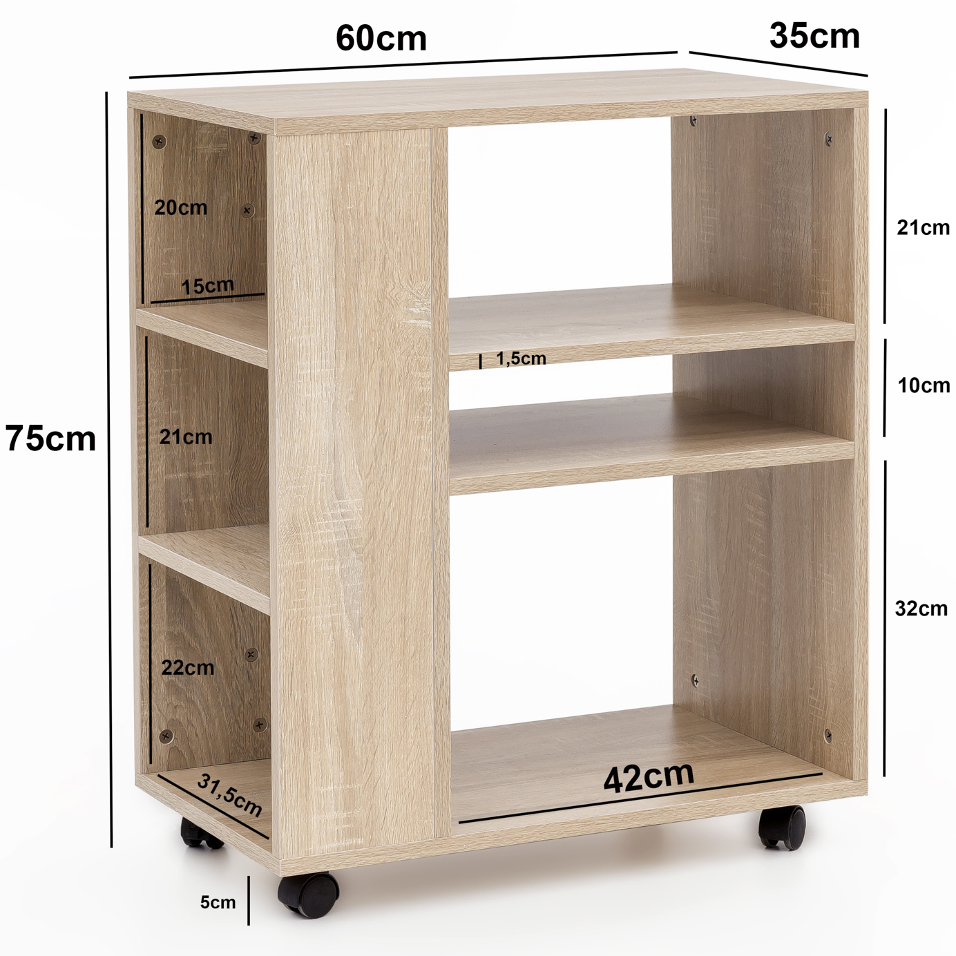 Estante wl5.695 sonoma 60x35x75 cm estante carro con ruedas madera, estante estrecho de cocina, mesa para teléfono moderno, estante para libros contenedor estrecho alto