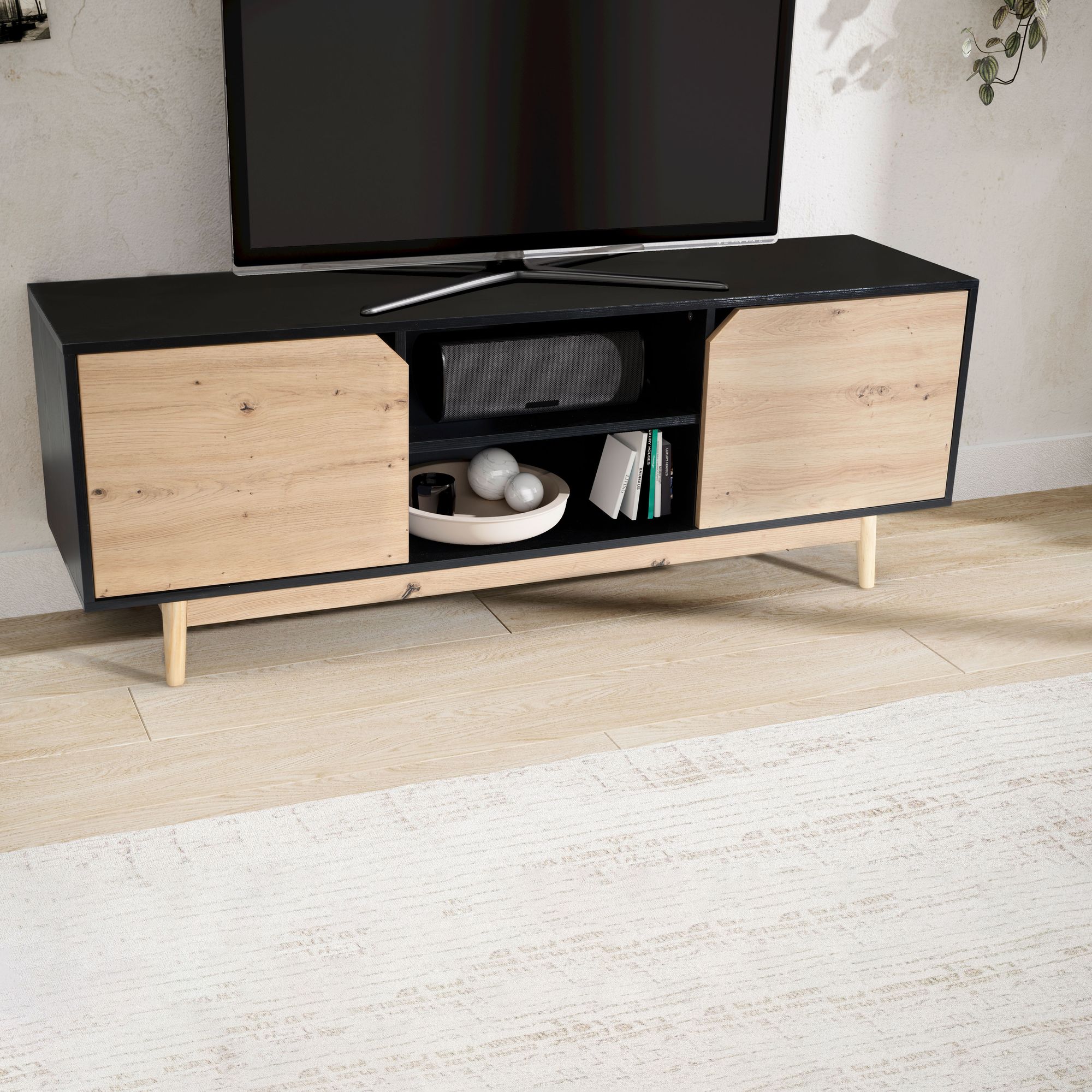 Mueble para tv de roble negro 150x55x40 cm, mueble para tv moderno, mueble para tv de diseño alto, mesa para tv, mueble para tv con dos puertas, mueble para tv para sala de estar