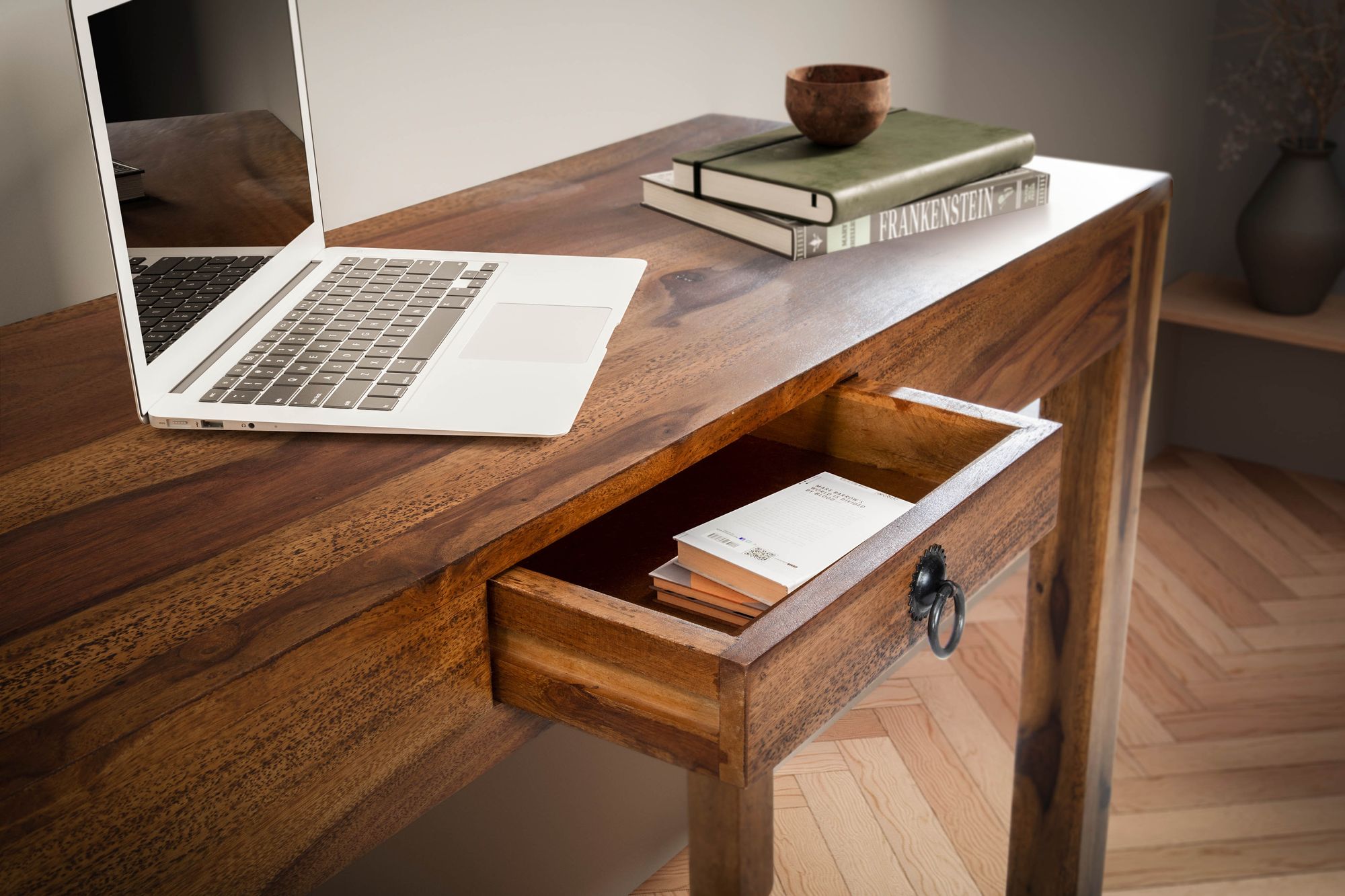 Escritorio 118x40x76 cm escritorio para computadora de madera maciza de sheesham con cajón, escritorio de oficina en casa, mesa de madera sólida y estrecha que ahorra espacio, mesa para computadora portátil, espacio de almacenamien