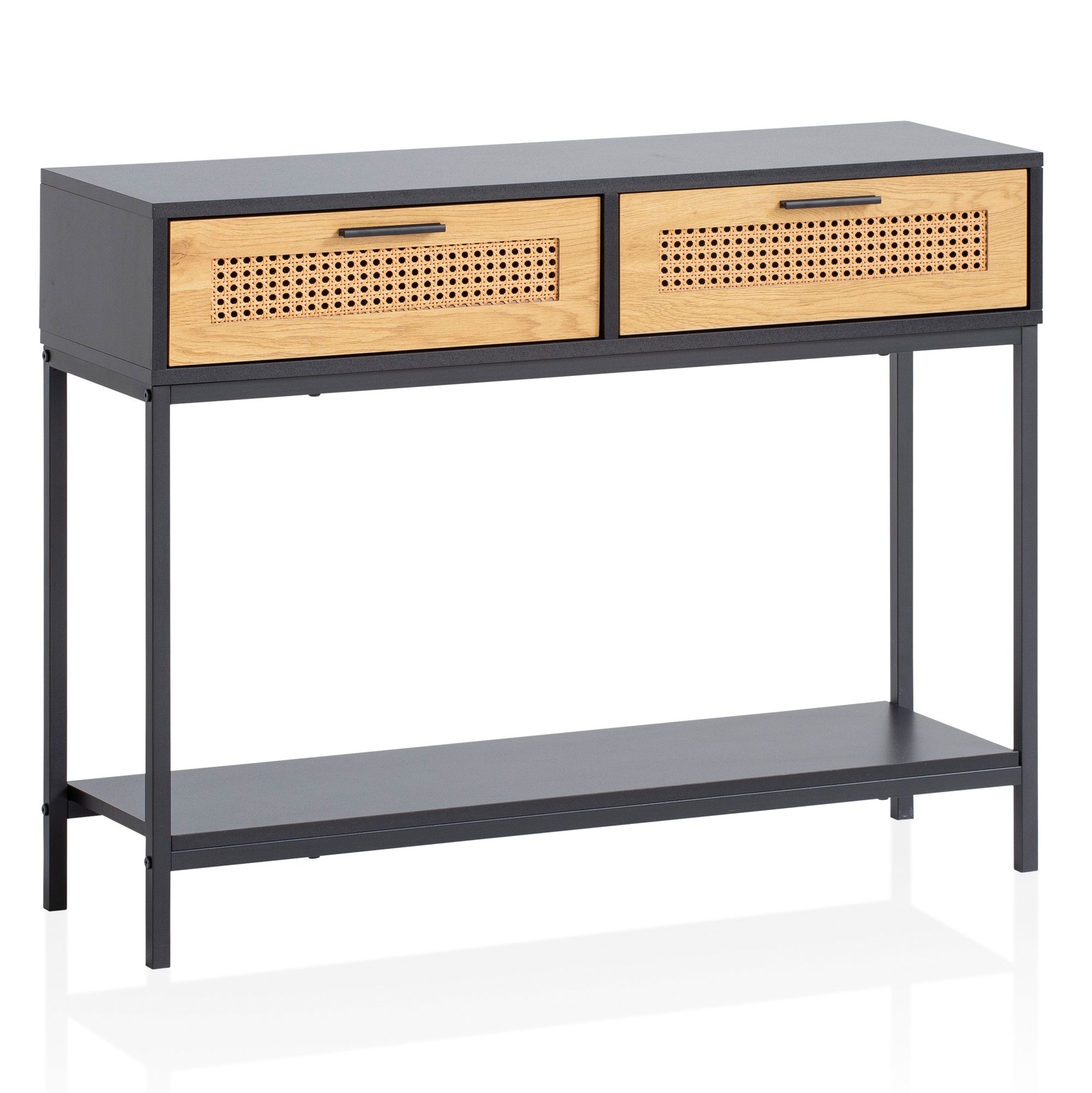 Mesa consola negro con patas de metal 100x30x75 cm, mesa de almacenaje estrecha con cajones, escritorio moderno, mesa de entrada rectangular