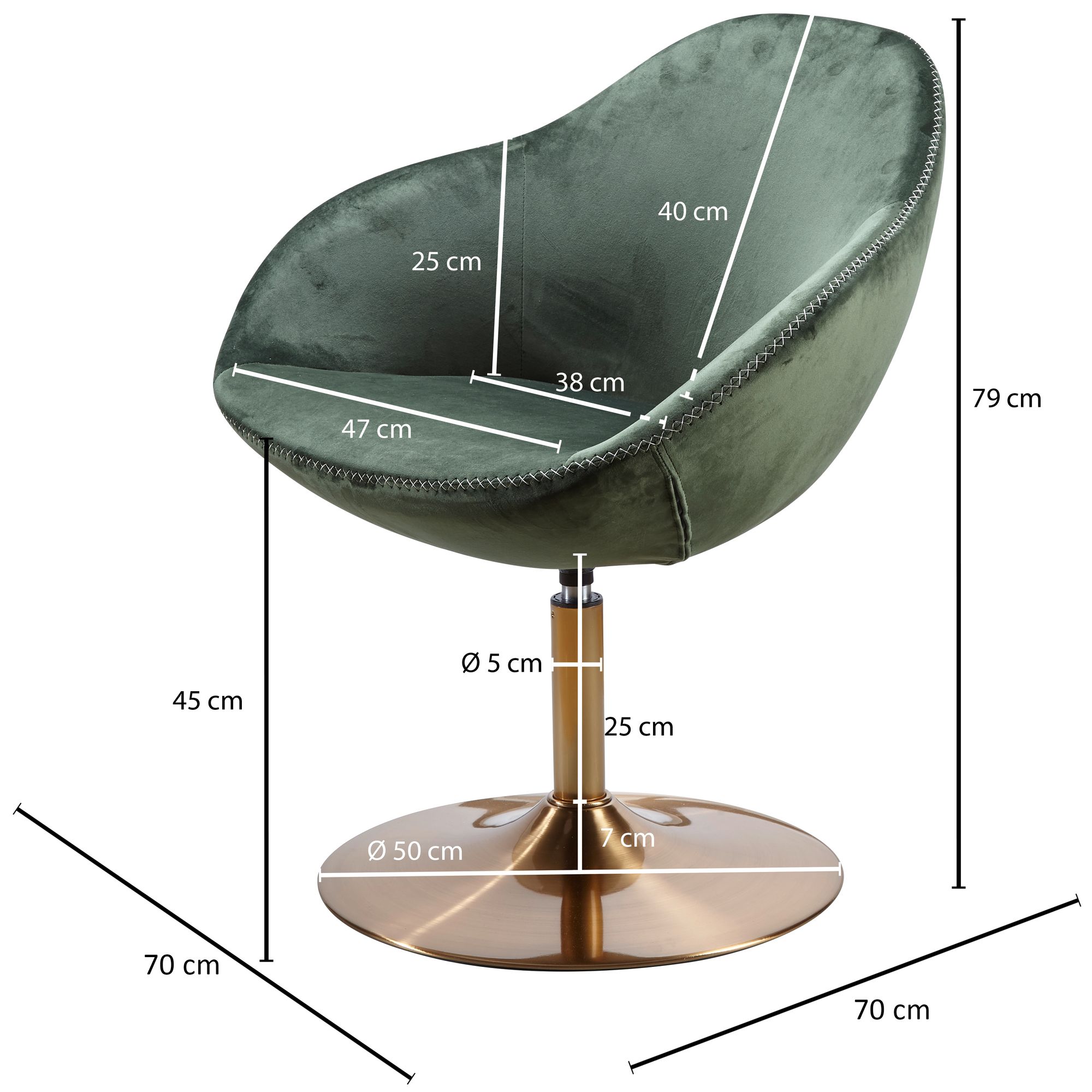 Sillón giratorio sarin de terciopelo verde / dorado, diseño 70x79x70 cm