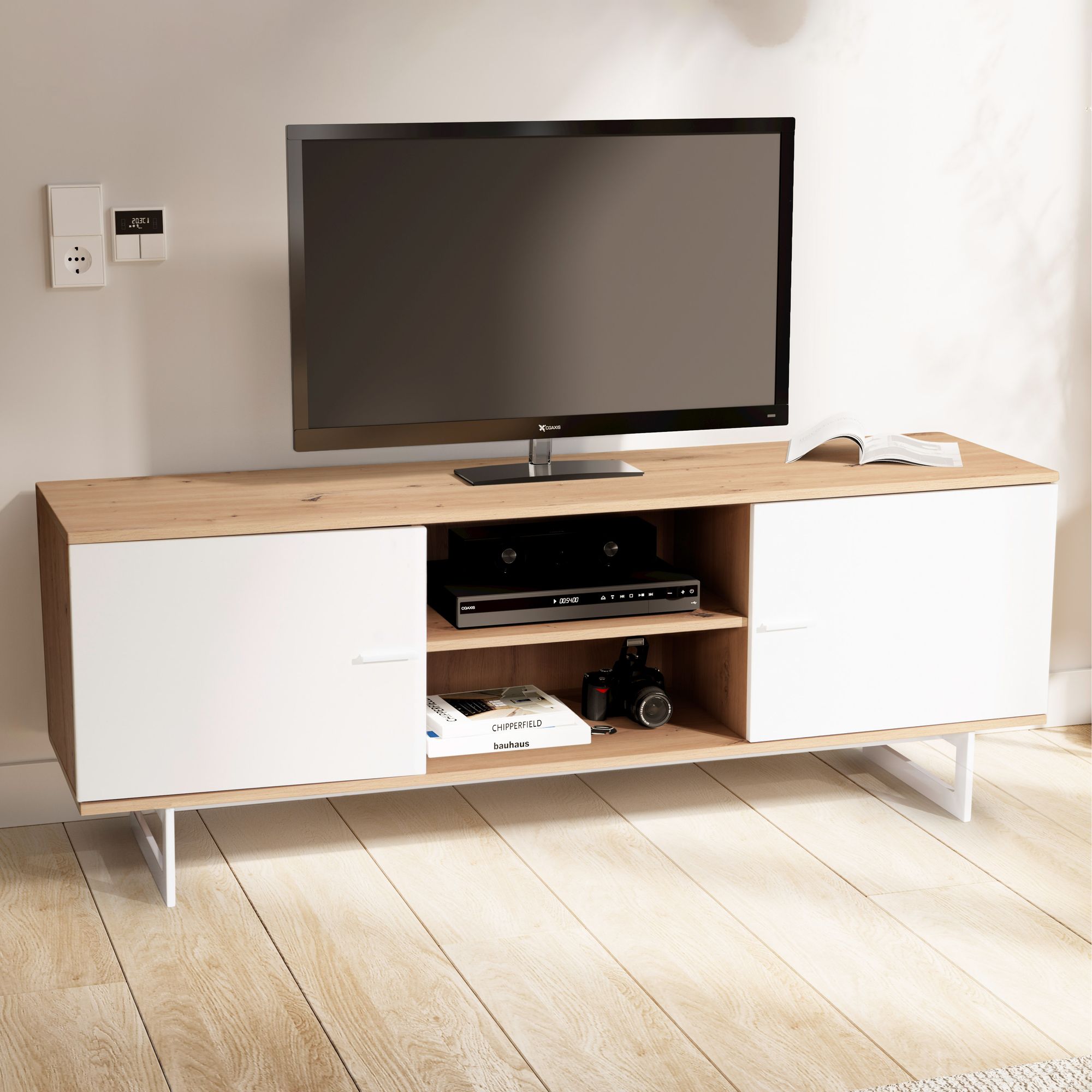 Mueble bajo de roble decorativo blanco 150x55x40 cm mueble para tv moderno, mueble para tv de diseño alto, mesa para tv mueble para tv con dos puertas, mueble para tv para salón