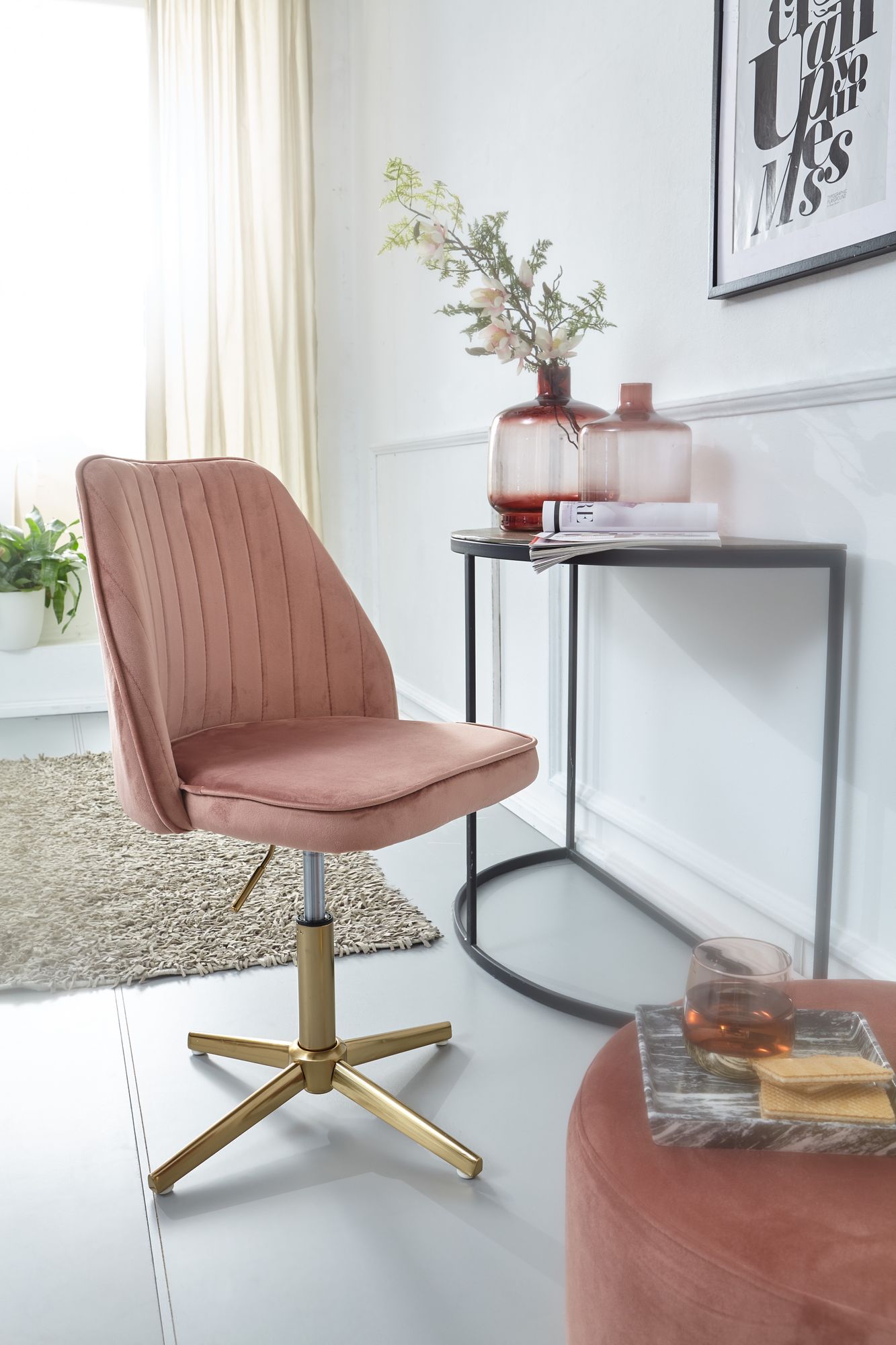 Silla de escritorio silla giratoria de diseño de terciopelo rosa con respaldo