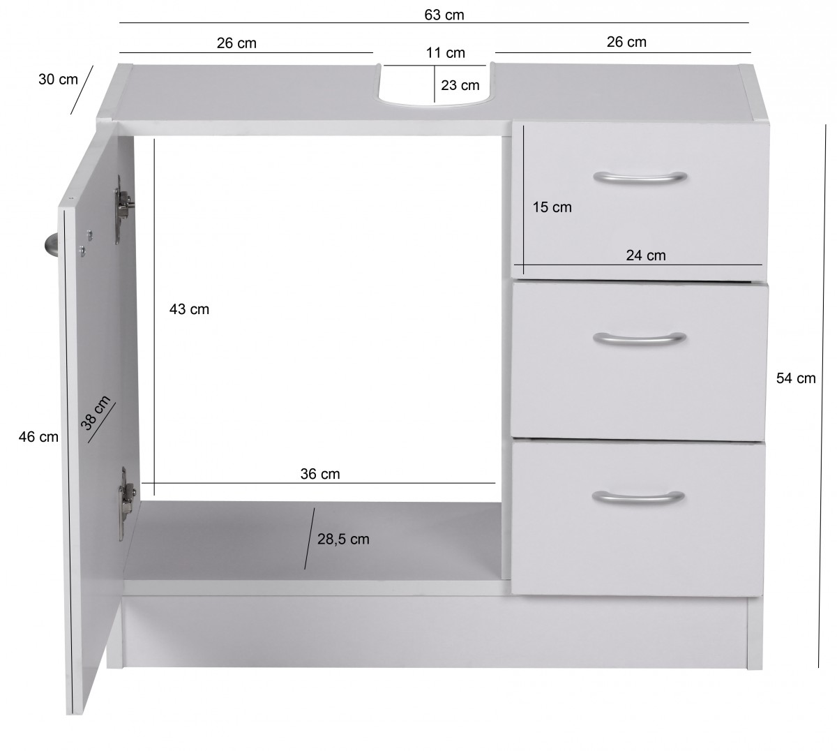 Baño 54 x 63 x 30 cm 1 puerta, 3 cajones, blanco