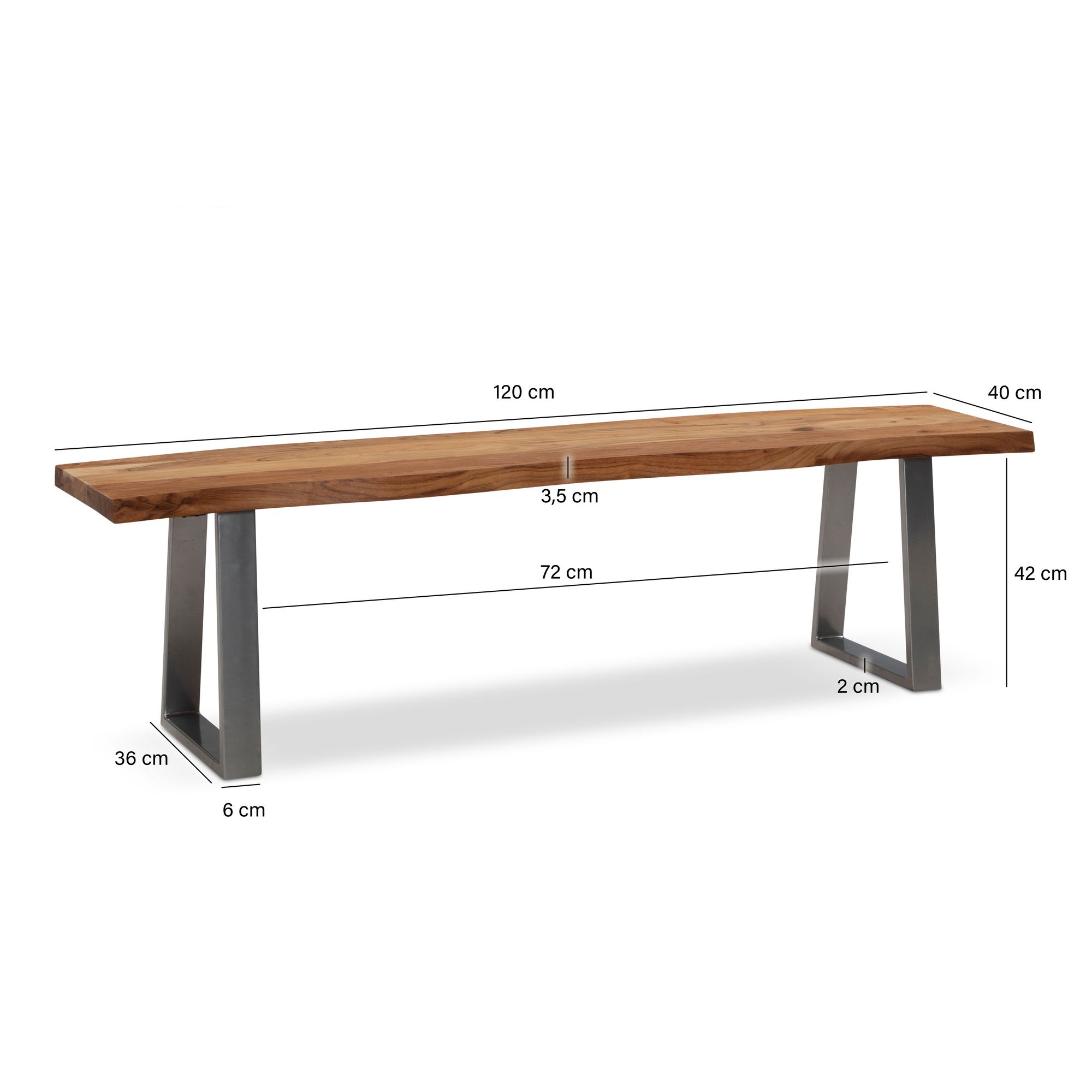 Banco de comedor 120x40x45,5 cm madera maciza de acacia / metal con borde de árbol, banco de mesa de comedor banco de madera maciza sin respaldo, banco de cocina banco de comedor cromado moderno, banco de comedor pequeño