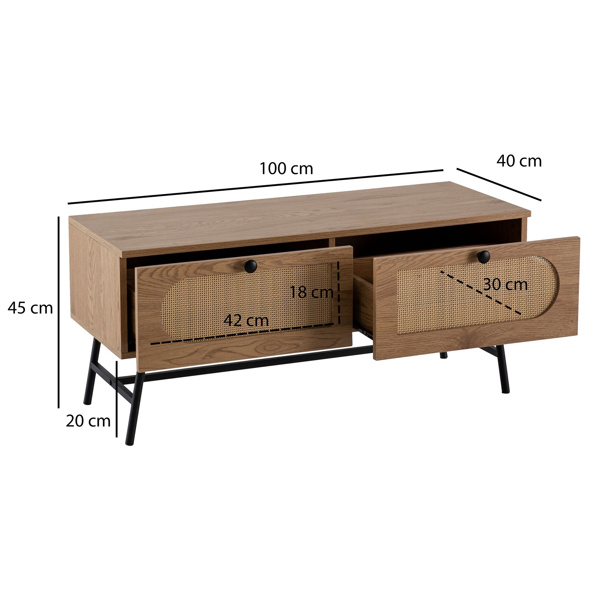 Mueble para tv lowboard 100x45x40 cm con decoración de roble y ratán, mueble para tv de diseño alto con cajones, mesa para tv, mueble para tv para sala de estar