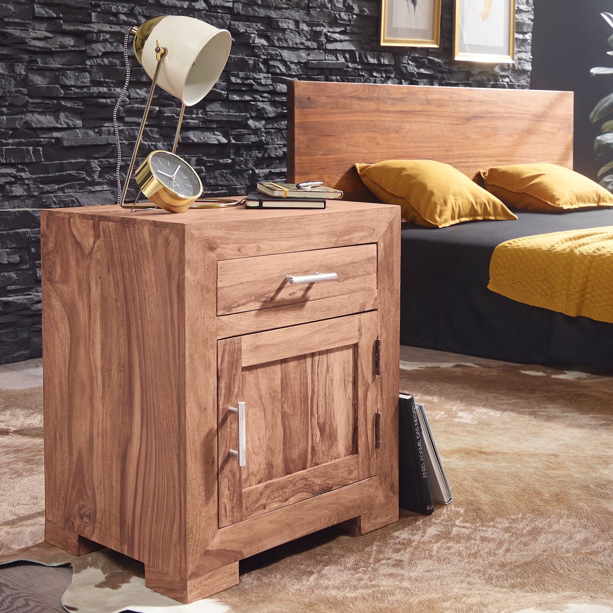 Mesita de noche mumbai madera maciza acacia diseño mesita de noche 60 cm con cajón y puerta mesita de noche para cama con somier