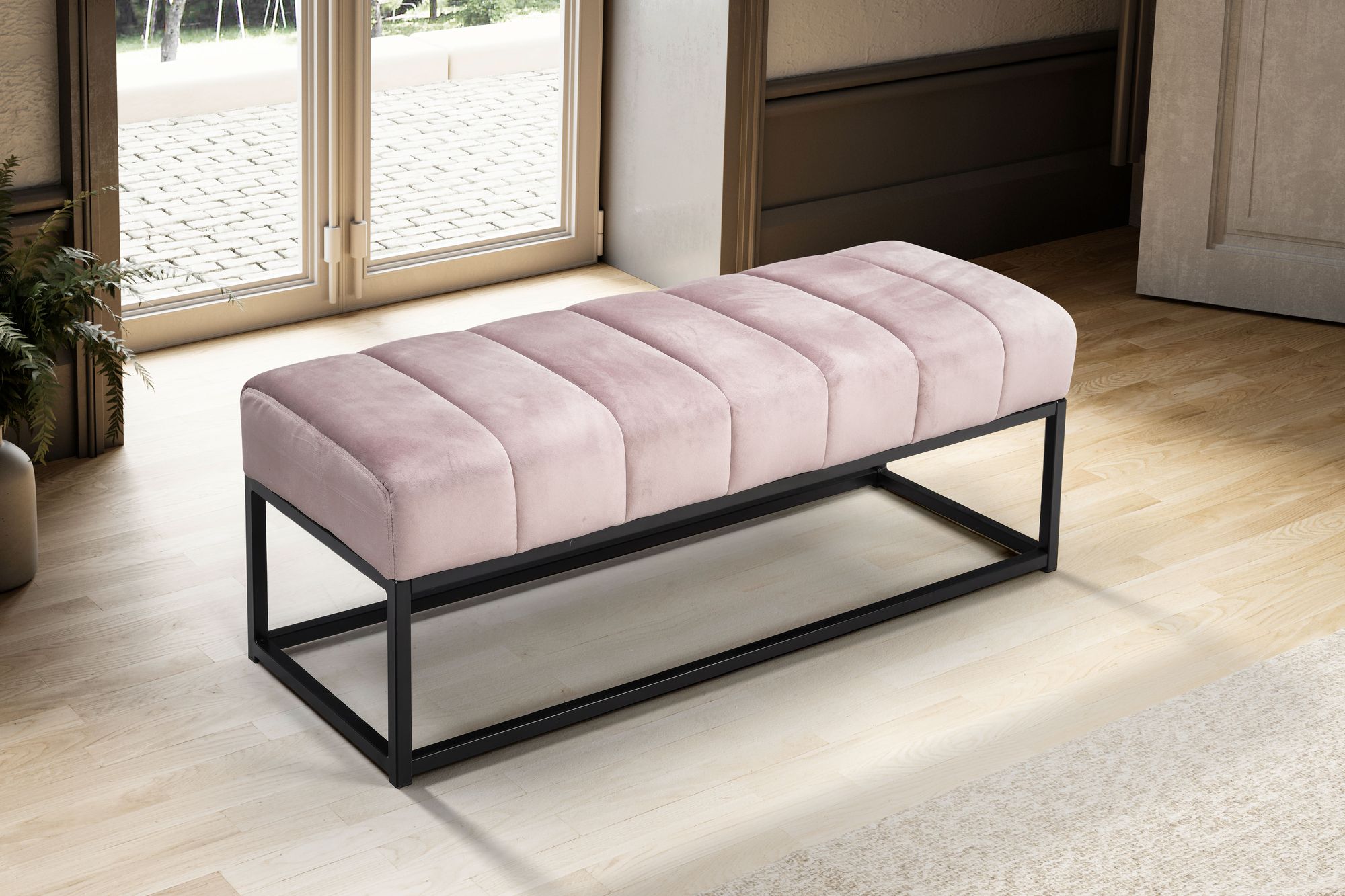 Banco de terciopelo de pasillo rosa tapizado con estructura de metal 108x40x40 cm, banco para dormitorio acolchado de armario moderno