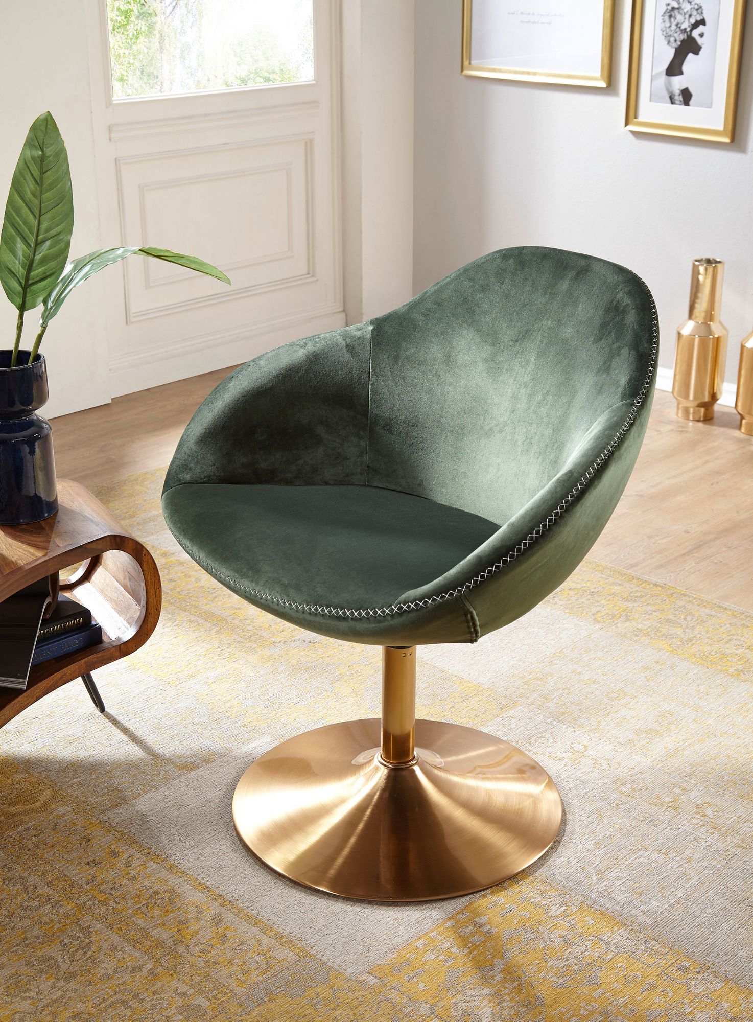 Sillón giratorio sarin de terciopelo verde / dorado, diseño 70x79x70 cm