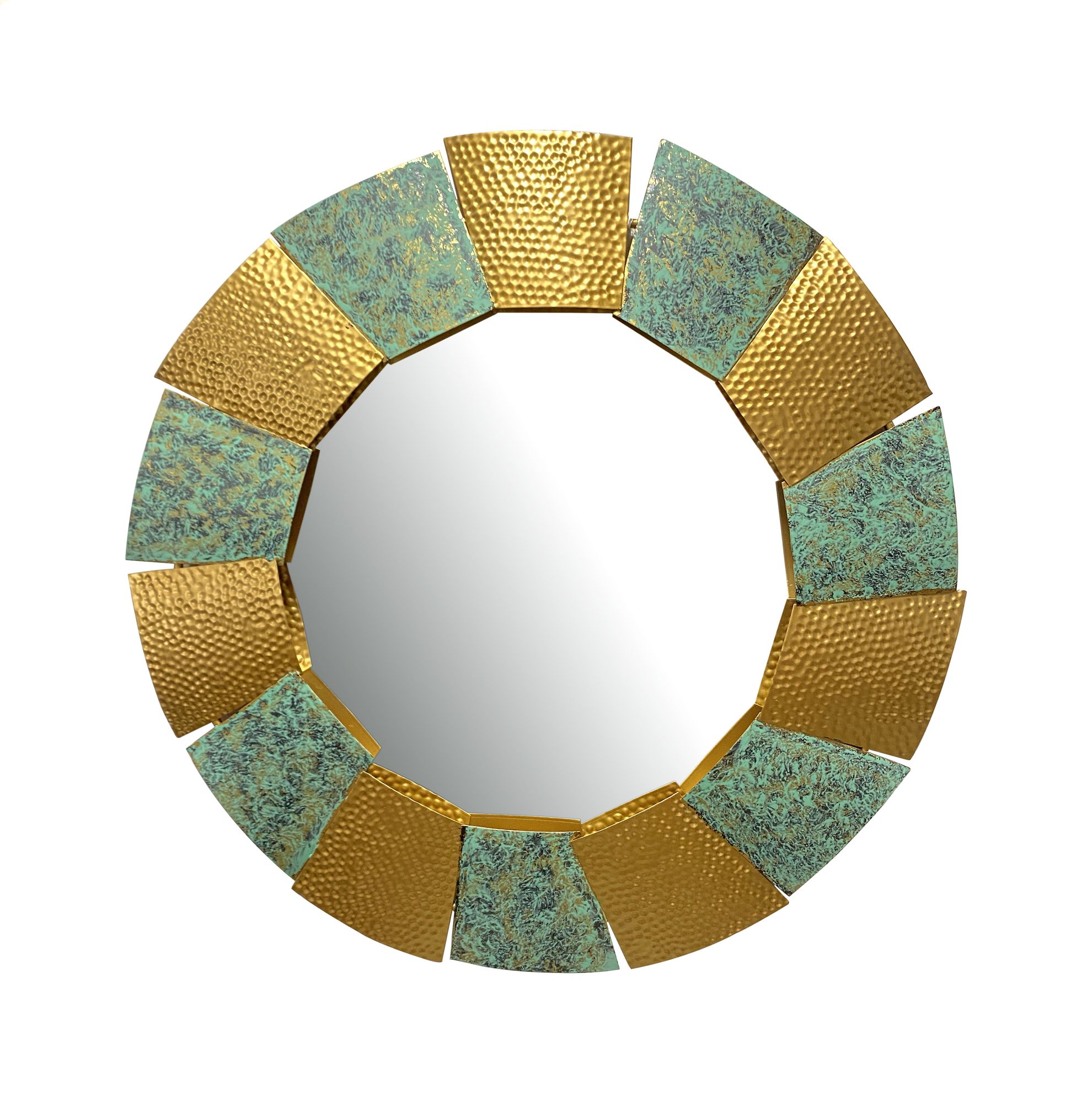 Espejo de pared moderno 63 cm diseño de metal espejo colgante dorado quemado, espejo decorativo de hierro redondo inusual, espejo martillado de pared grande, espejo de pasillo, espejo de armario moderno