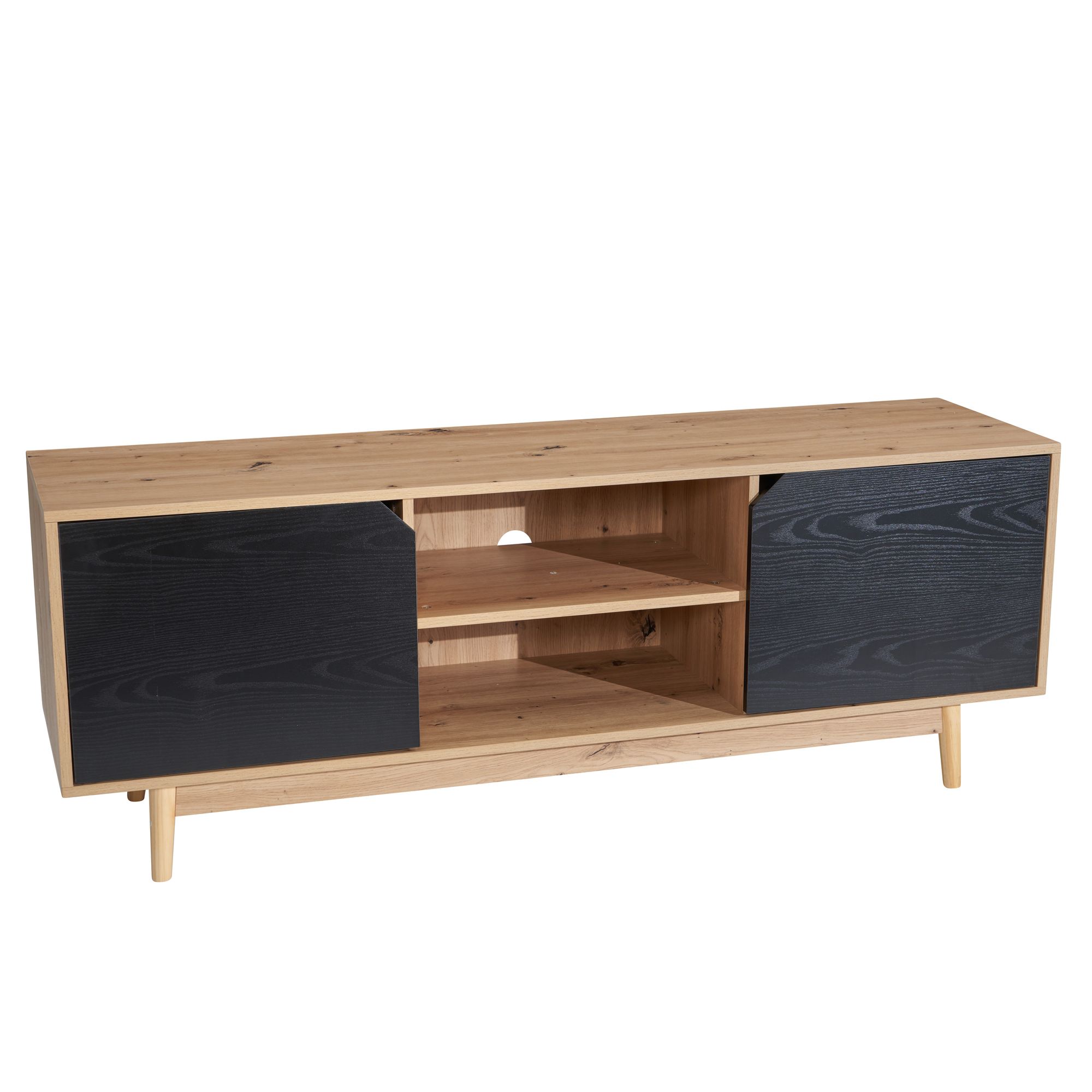 Mueble bajo para tv de roble decorativo negro 150x55x40 cm, mueble para tv moderno, mueble para tv de diseño alto, mesa para tv, mueble para tv con dos puertas, mueble para tv para salón