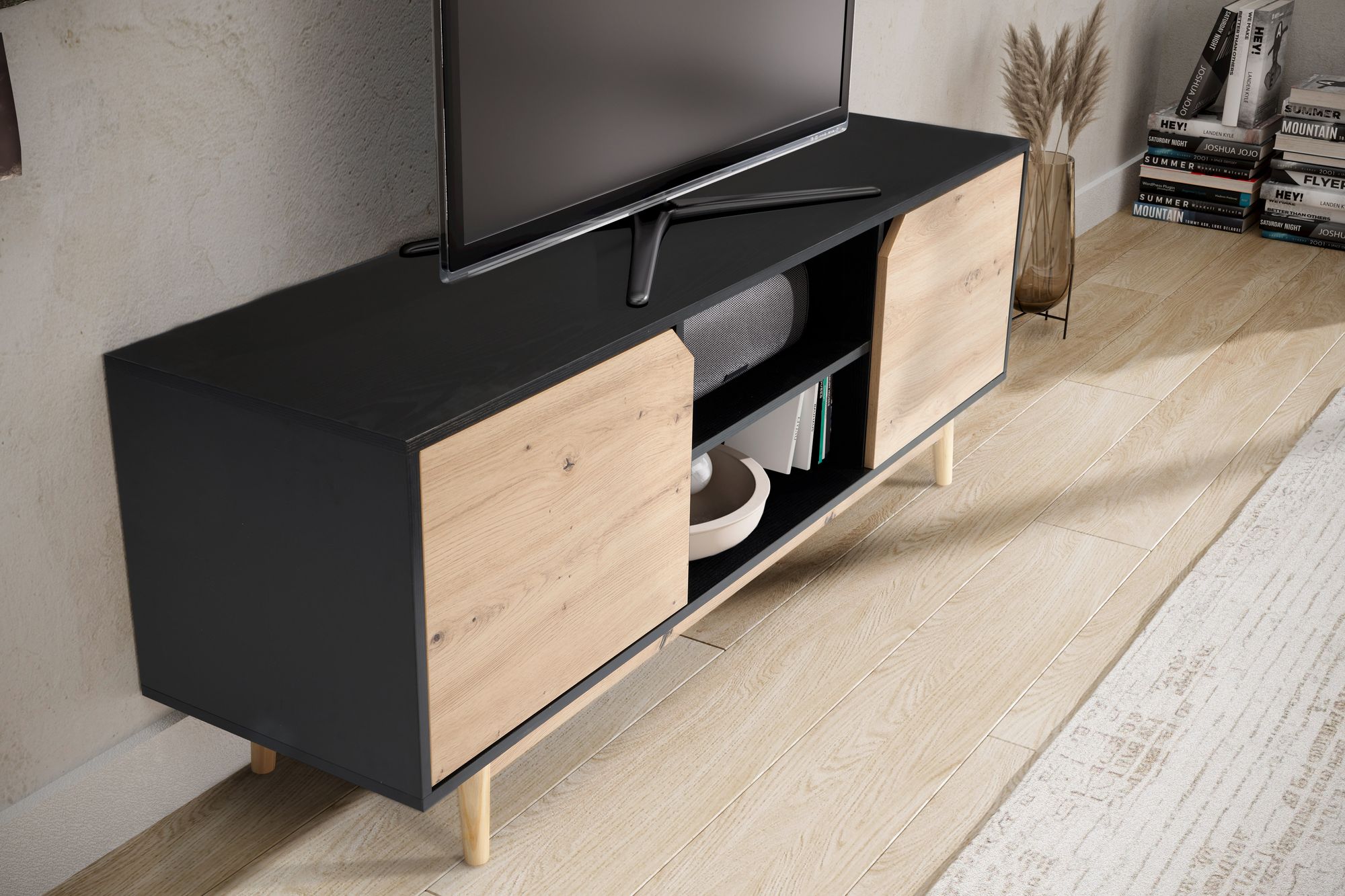 Mueble para tv de roble negro 150x55x40 cm, mueble para tv moderno, mueble para tv de diseño alto, mesa para tv, mueble para tv con dos puertas, mueble para tv para sala de estar