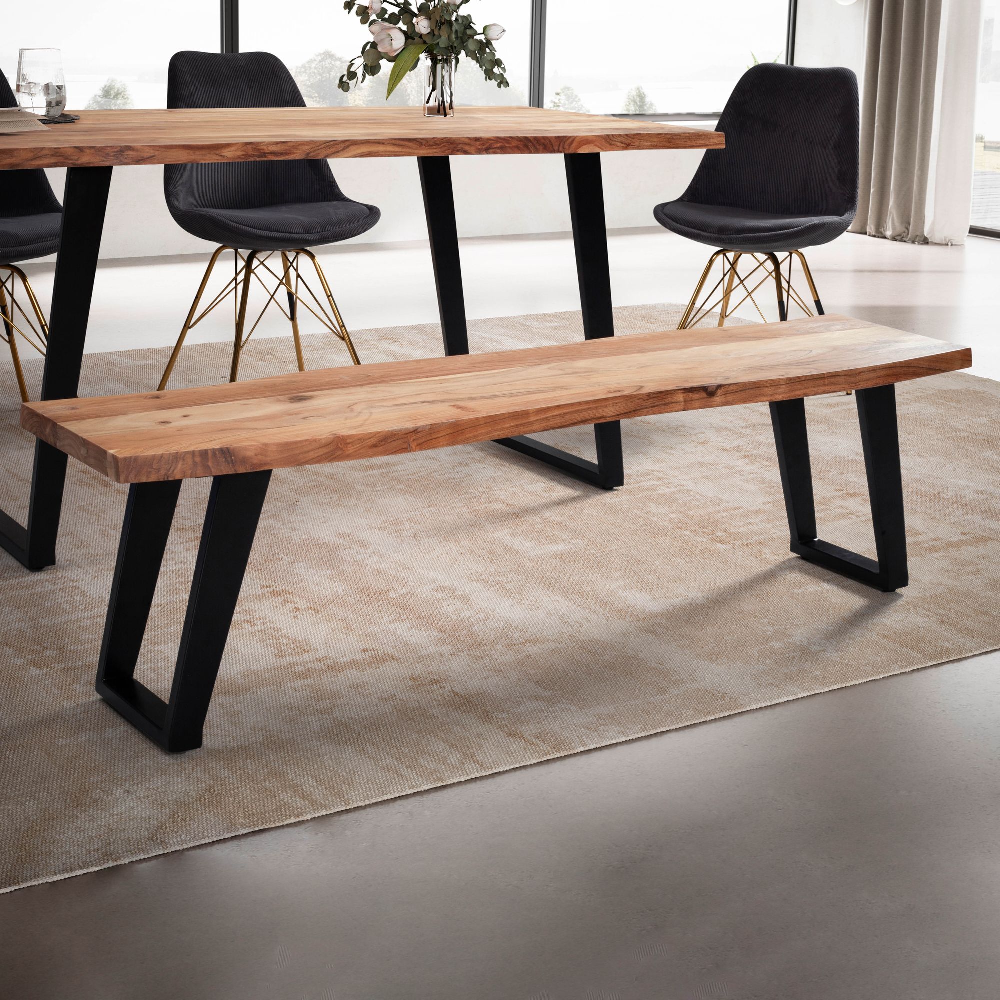 Banco de comedor 120x40x45,5 cm madera maciza de acacia / metal con borde de árbol, banco de mesa de comedor moderno, banco de madera maciza sin respaldo, banco de cocina, banco de comedor con patas en u, banco de comedor pequeño