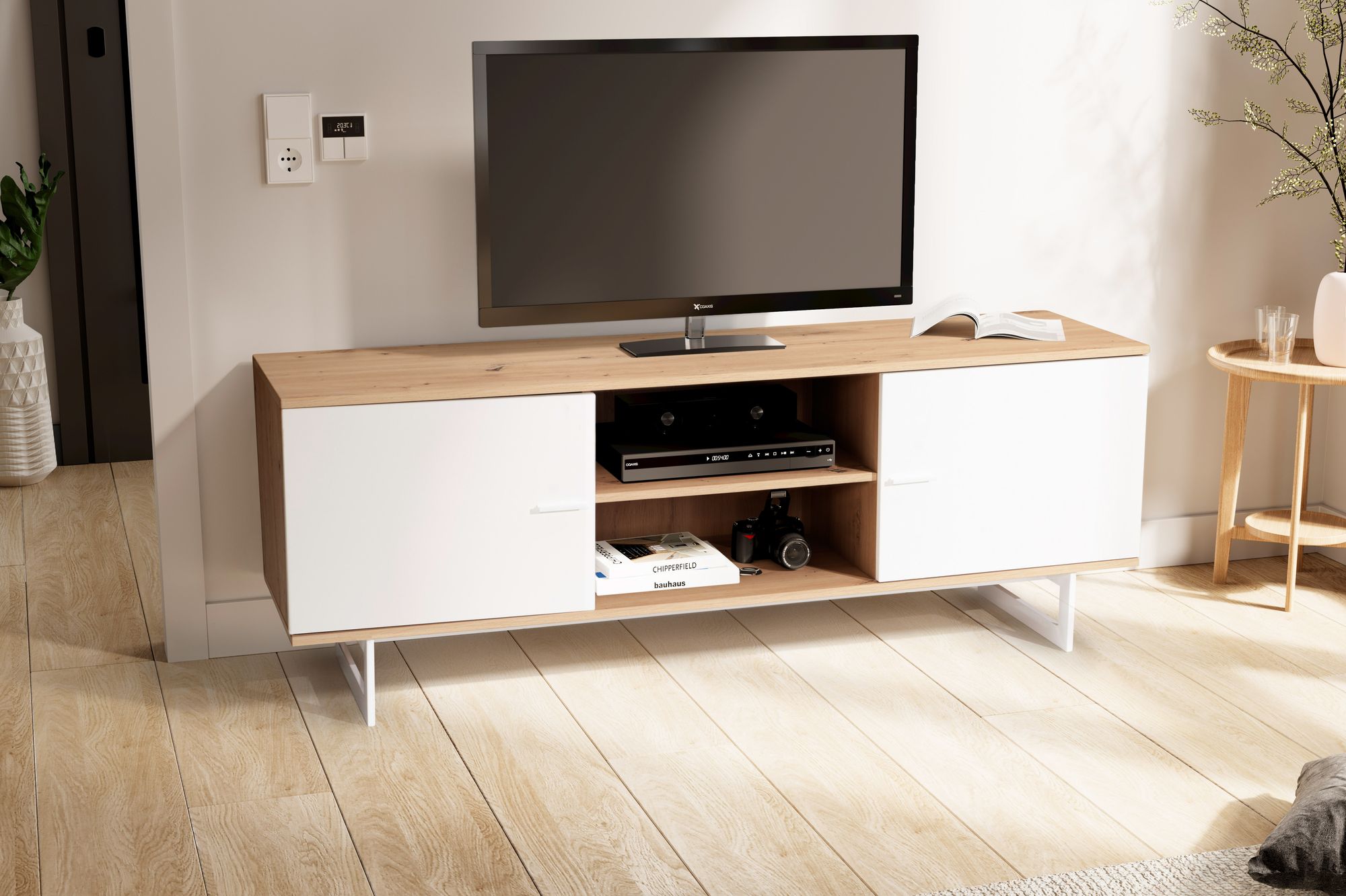 Mueble bajo de roble decorativo blanco 150x55x40 cm mueble para tv moderno, mueble para tv de diseño alto, mesa para tv mueble para tv con dos puertas, mueble para tv para salón