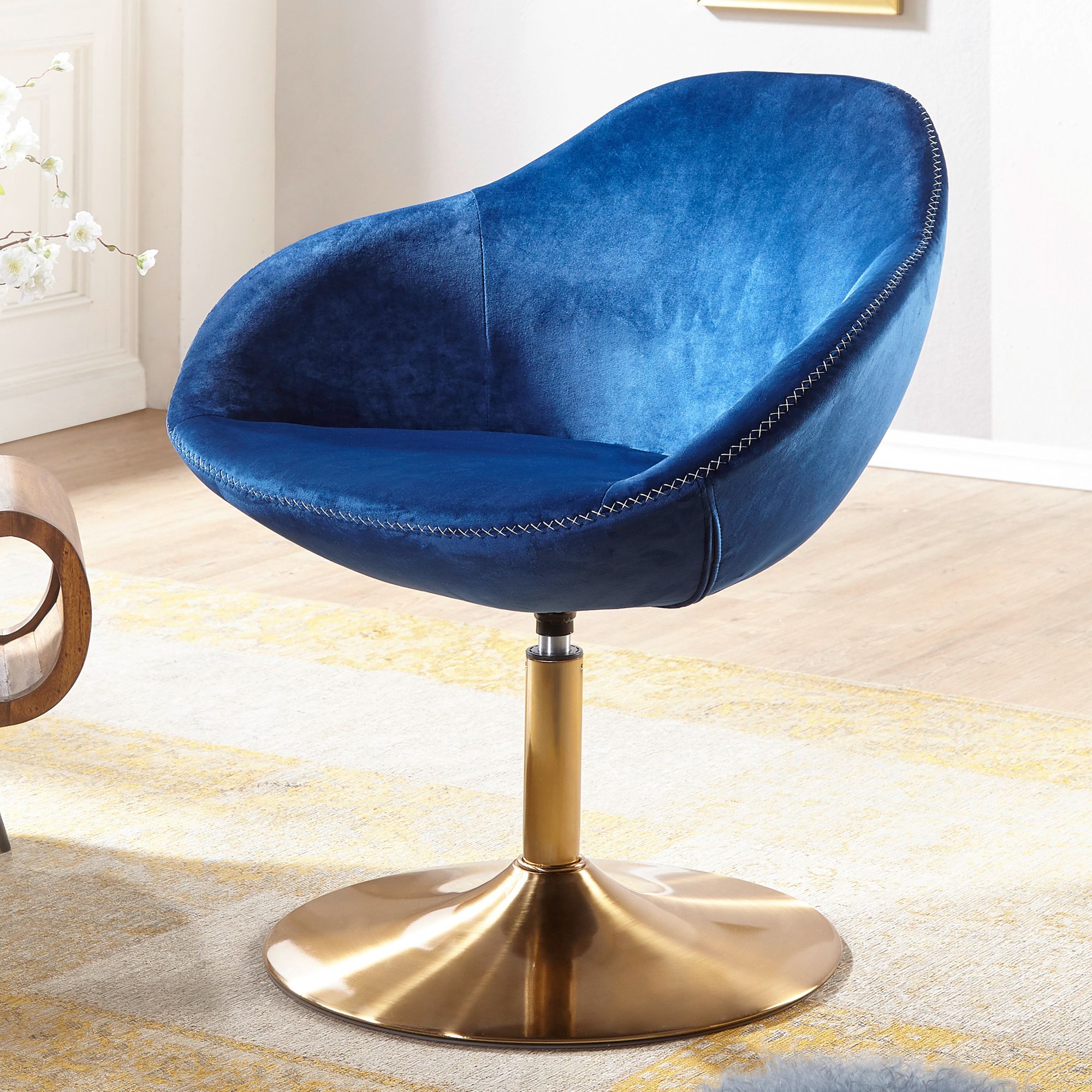 Sillón giratorio sarin de terciopelo azul / dorado, diseño 70x79x70 cm