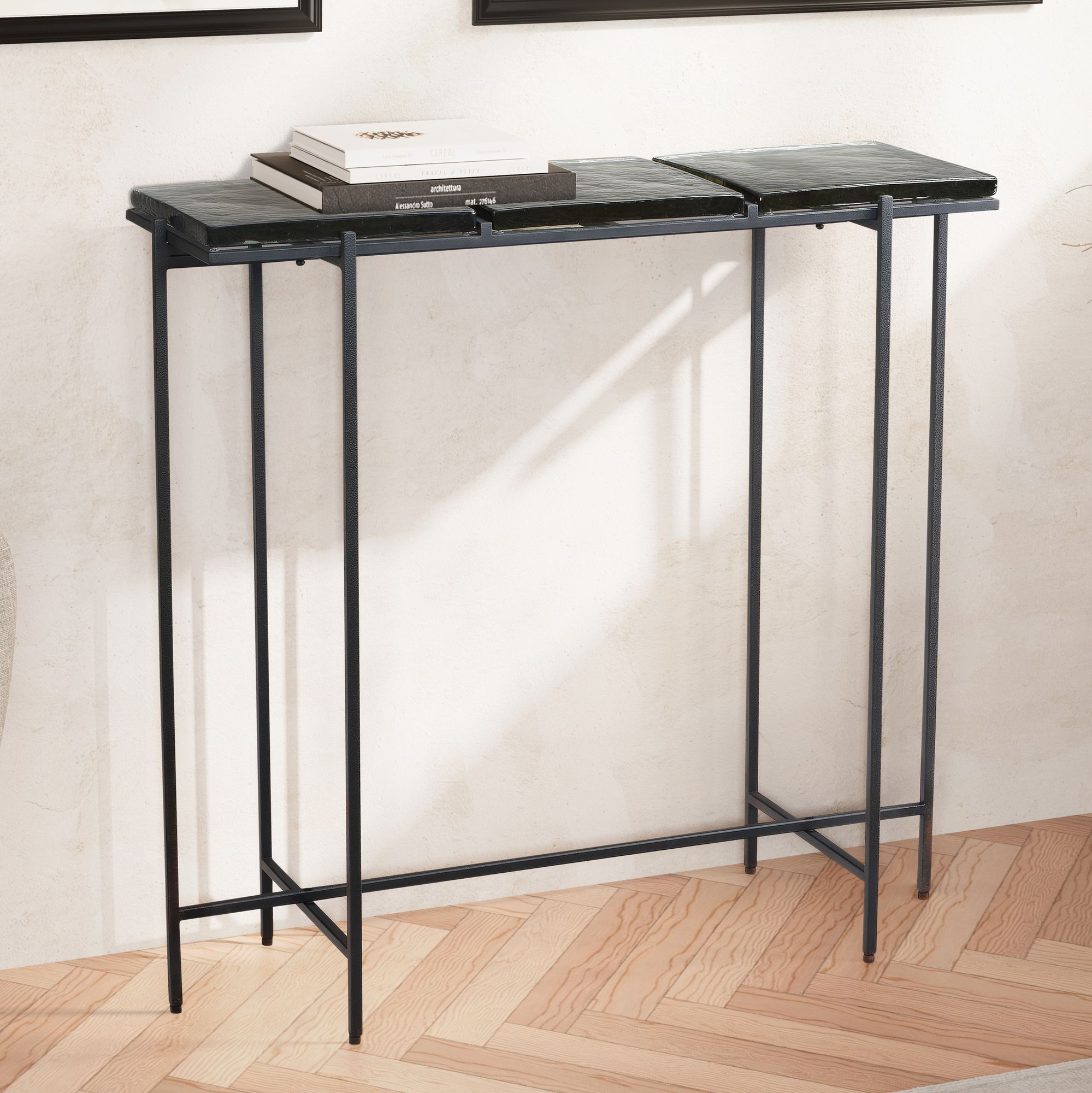 Mesa consola negra 90x29x85 cm aparador de diseño pasillo de vidrio, mesa de almacenamiento con estructura de metal estrecha moderna, mesa de pasillo con tableros extraíbles, mesa de recibidor larga y alta