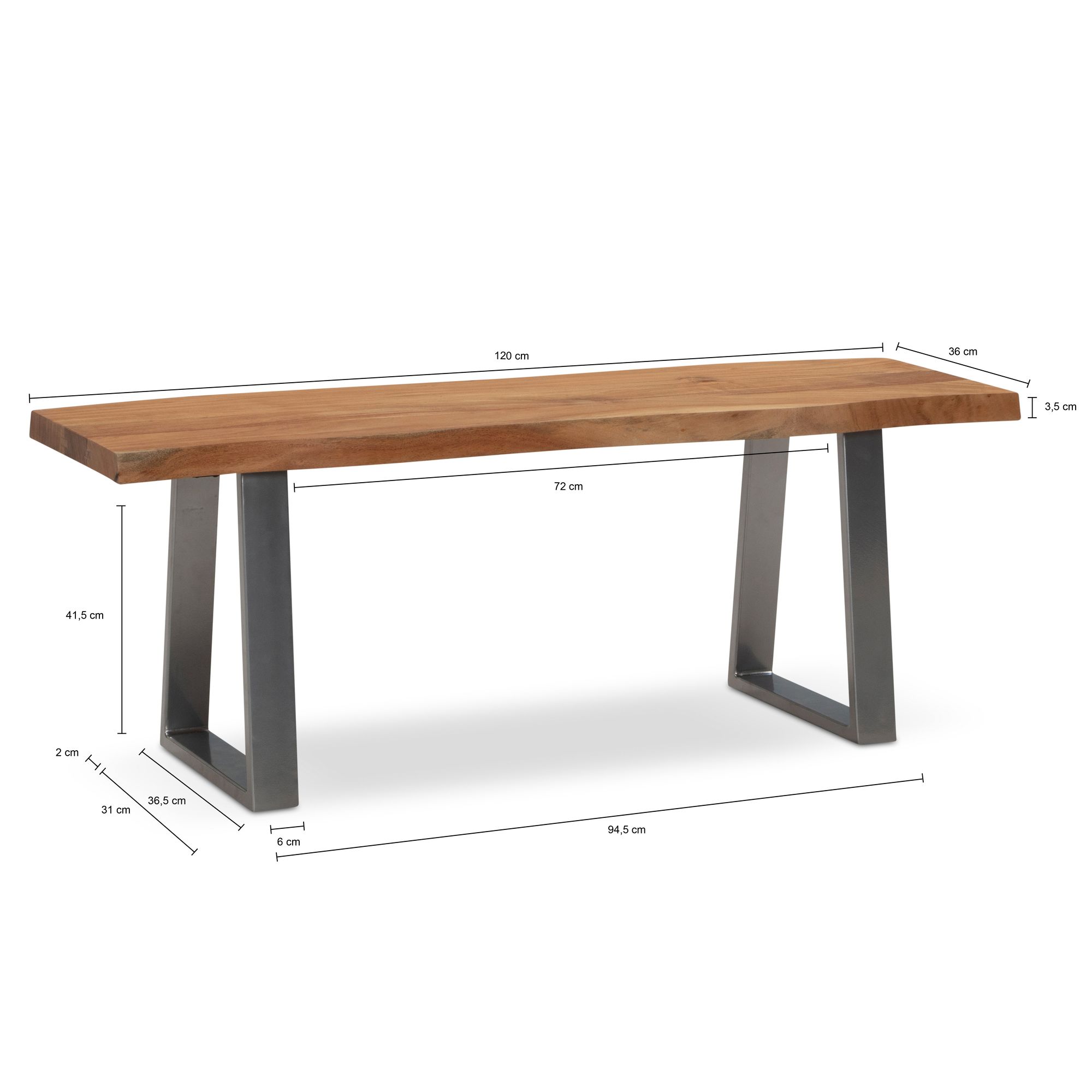 Banco de armario 120x40x45,5 cm madera maciza de acacia / metal con borde de árbol, banco de recibidor banco de madera maciza sin respaldo, banco de recibidor moderno zona de entrada pequeñas patas trapezoidales cromadas