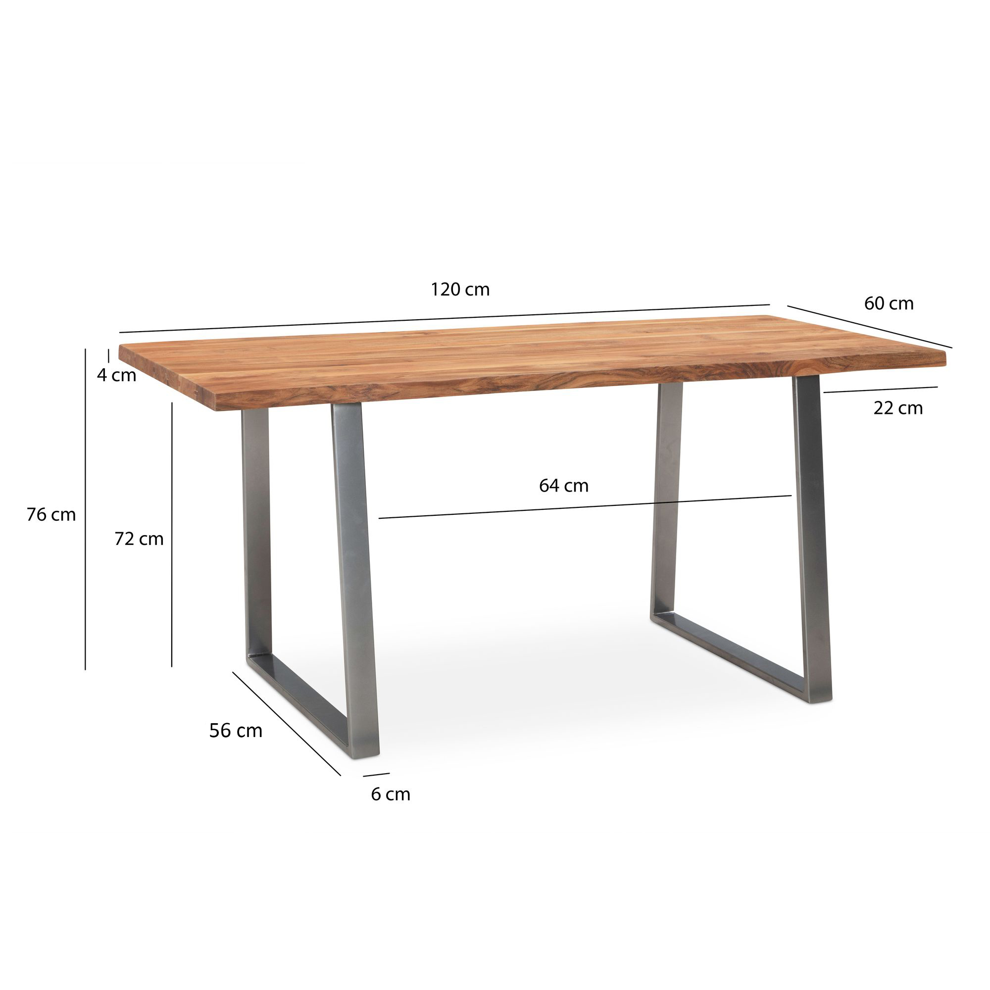 Escritorio 120x60x76 cm mesa de ordenador de madera maciza de acacia/metal con borde de árbol, mesa de oficina para casa, oficina, maciza con patas trapezoidales cromadas, mesa de madera, mesa para ordenador portátil, estudio