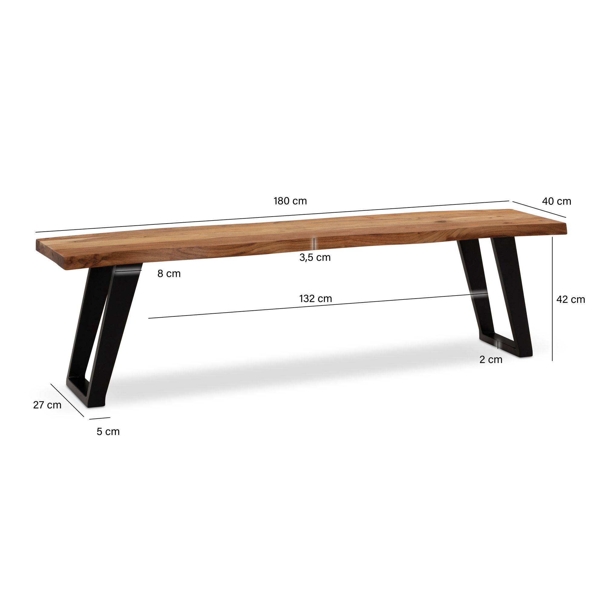 Banco de comedor 180x40x45,5 cm madera maciza de acacia / metal con borde de árbol, banco de mesa de comedor moderno, banco de madera maciza sin respaldo, banco de cocina banco de comedor con patas en u, banco de comedor grande