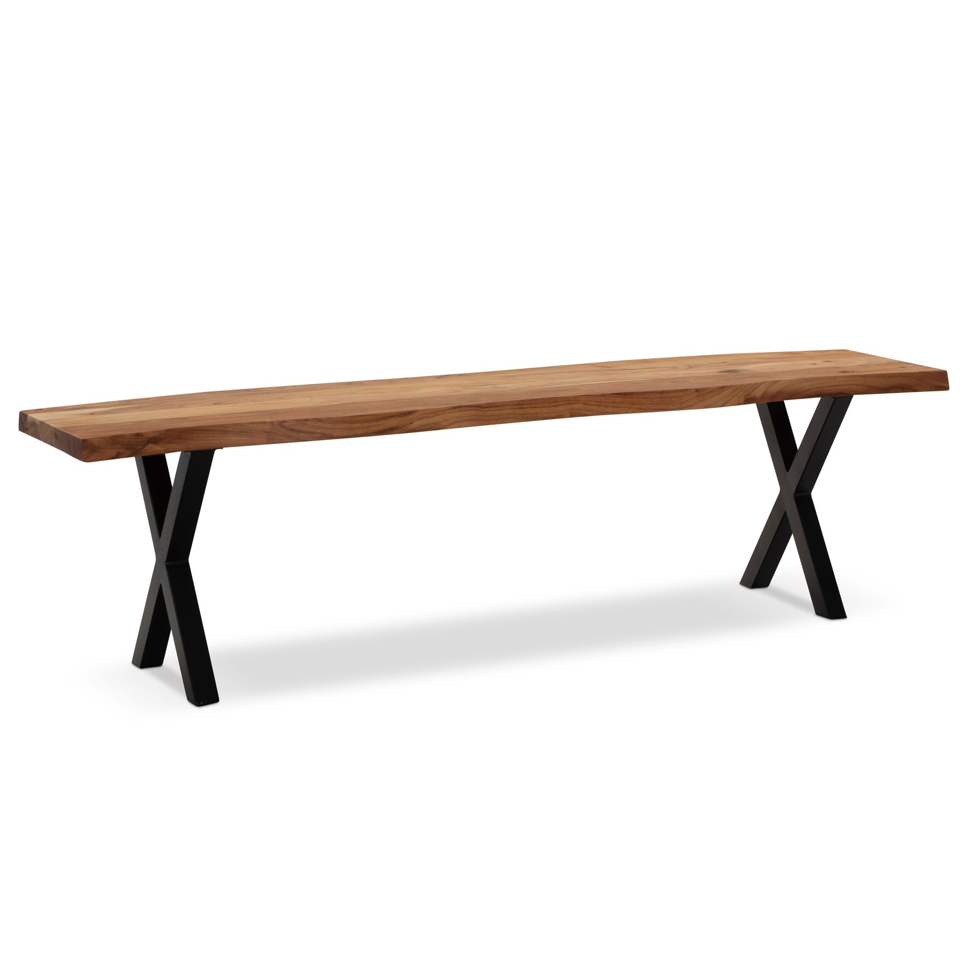 Banco de comedor 160x40x45,5 cm madera maciza de acacia / metal con borde de árbol, banco de mesa de comedor moderno, banco de madera maciza sin respaldo, banco de cocina, banco de comedor con patas en x, banco de comedor grande