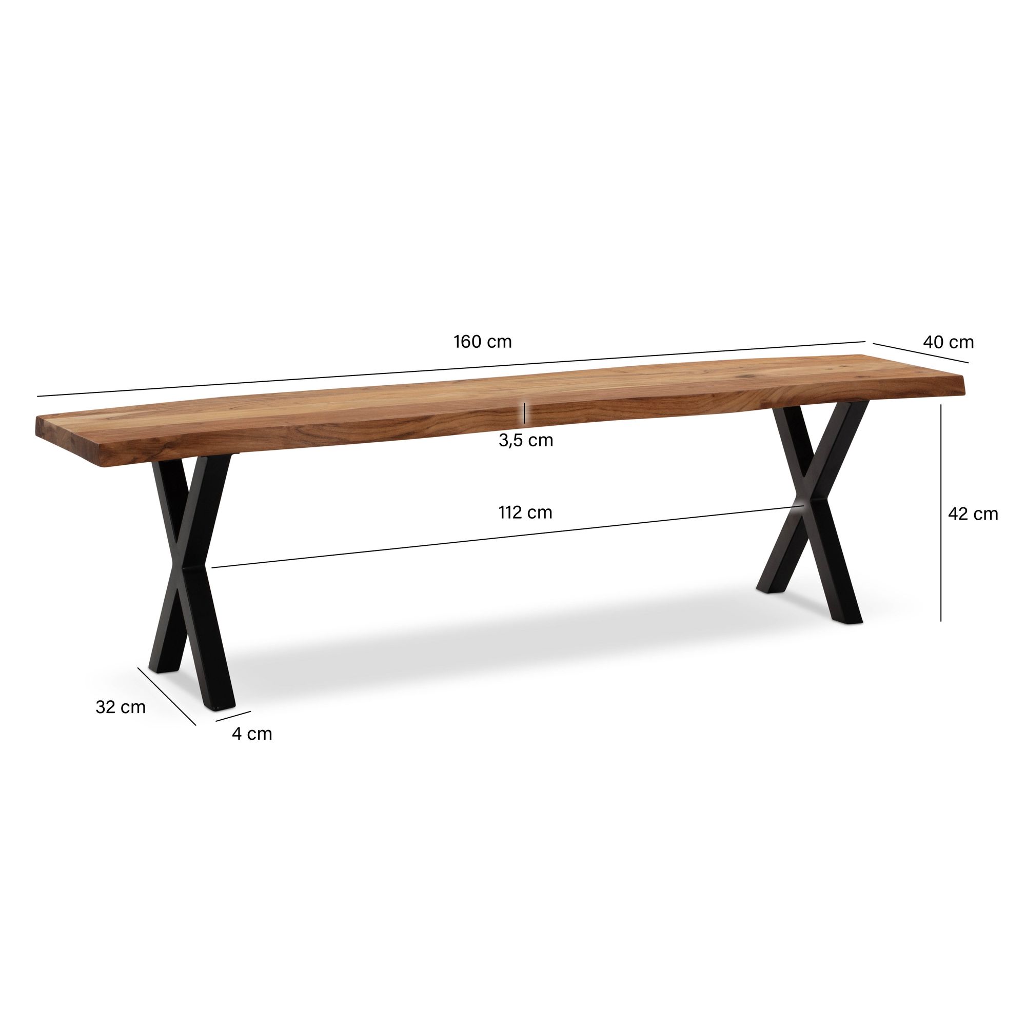 Banco de comedor 160x40x45,5 cm madera maciza de acacia / metal con borde de árbol, banco de mesa de comedor moderno, banco de madera maciza sin respaldo, banco de cocina, banco de comedor con patas en x, banco de comedor grande