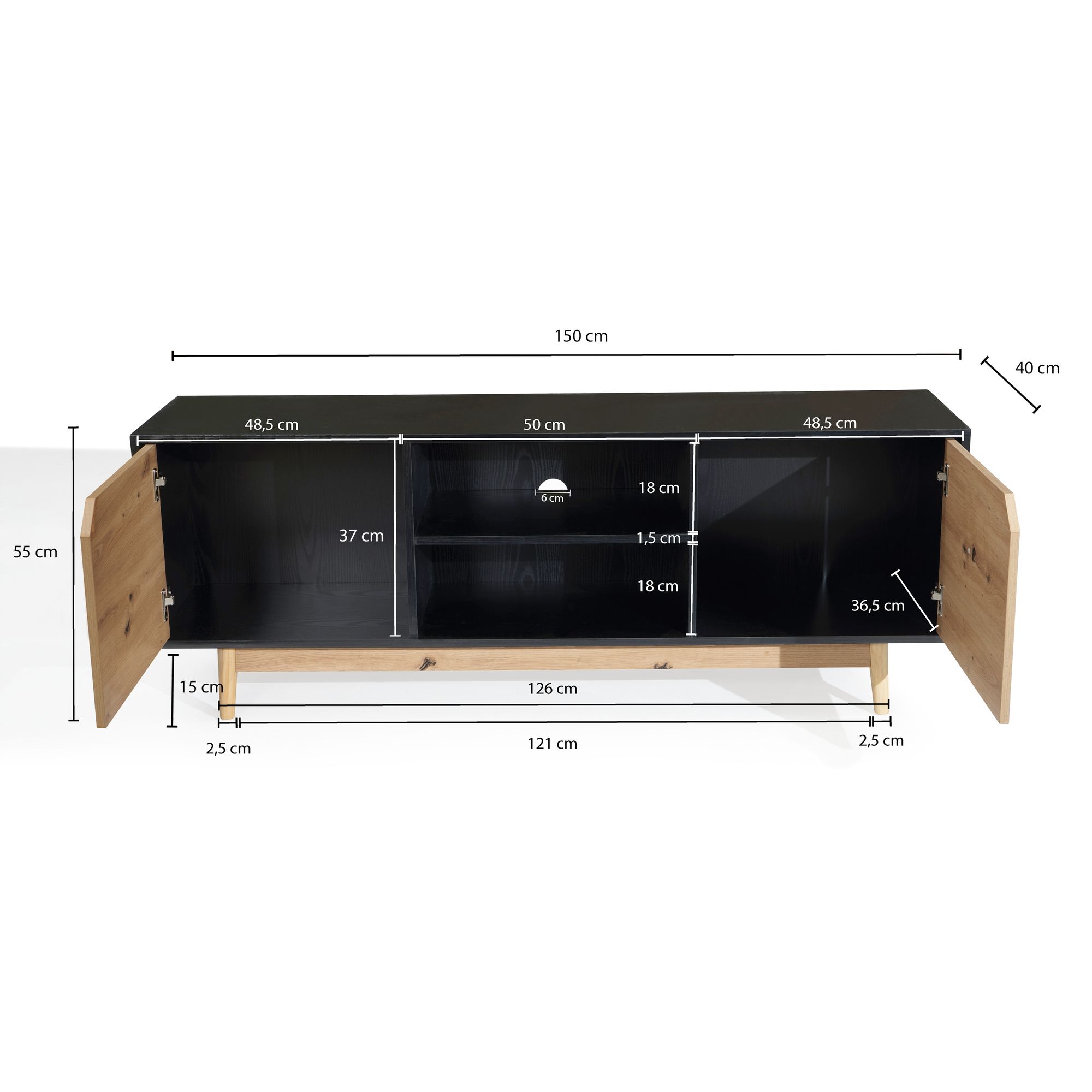 Mueble para tv de roble negro 150x55x40 cm, mueble para tv moderno, mueble para tv de diseño alto, mesa para tv, mueble para tv con dos puertas, mueble para tv para sala de estar