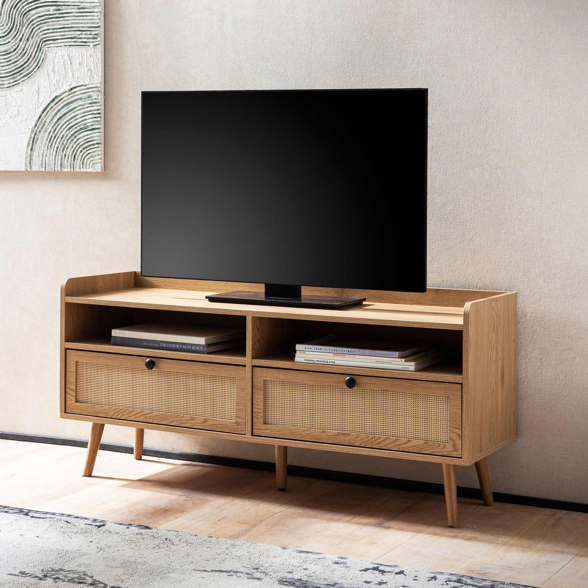 Livingling lowboard 120 cm tv armario cajón tv mueble de mimbre mueble de almacenamiento de ratán