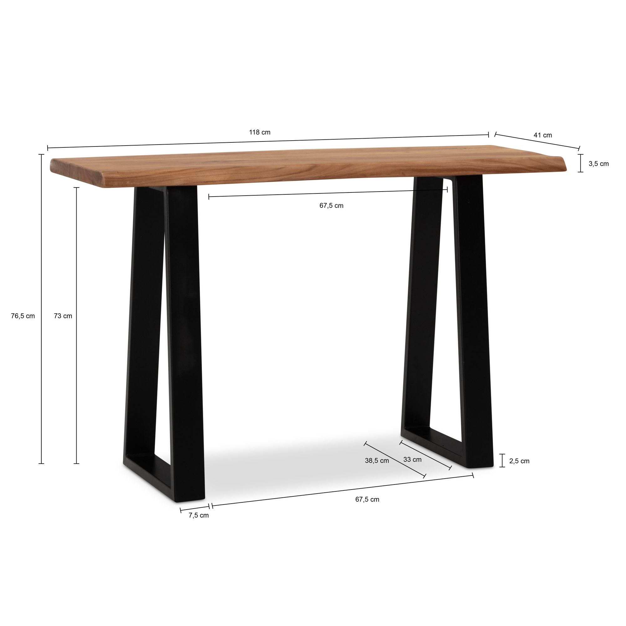 Escritorio 118x41x76,5 cm mesa de computadora de madera maciza de acacia / metal con borde de árbol, mesa de oficina para el hogar, mesa de oficina sólida y estrecha, mesa de madera, mesa para computadora portátil, estudio