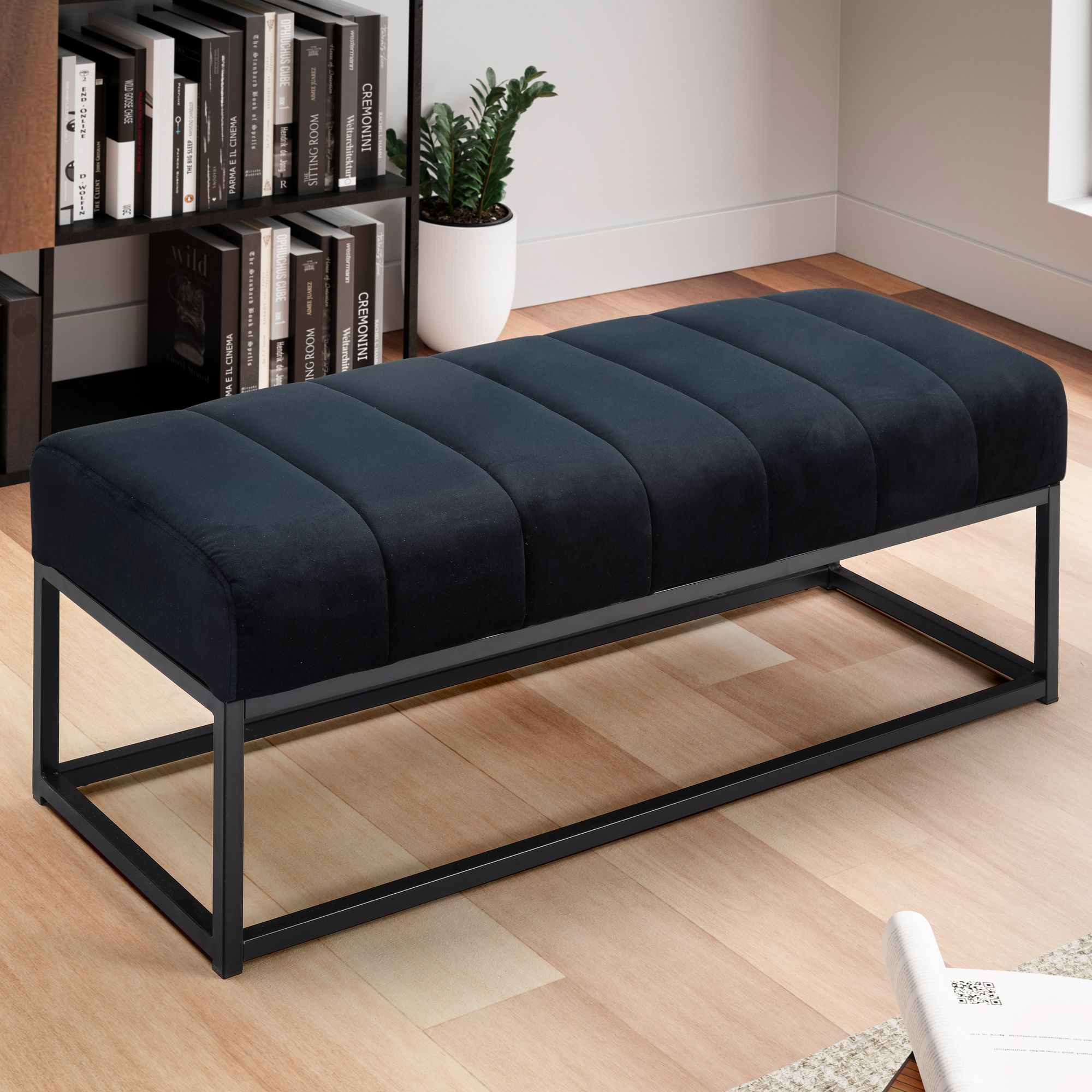 Banco de terciopelo de pasillo negro tapizado con estructura de metal 108x40x40 cm, banco para dormitorio acolchado de armario moderno