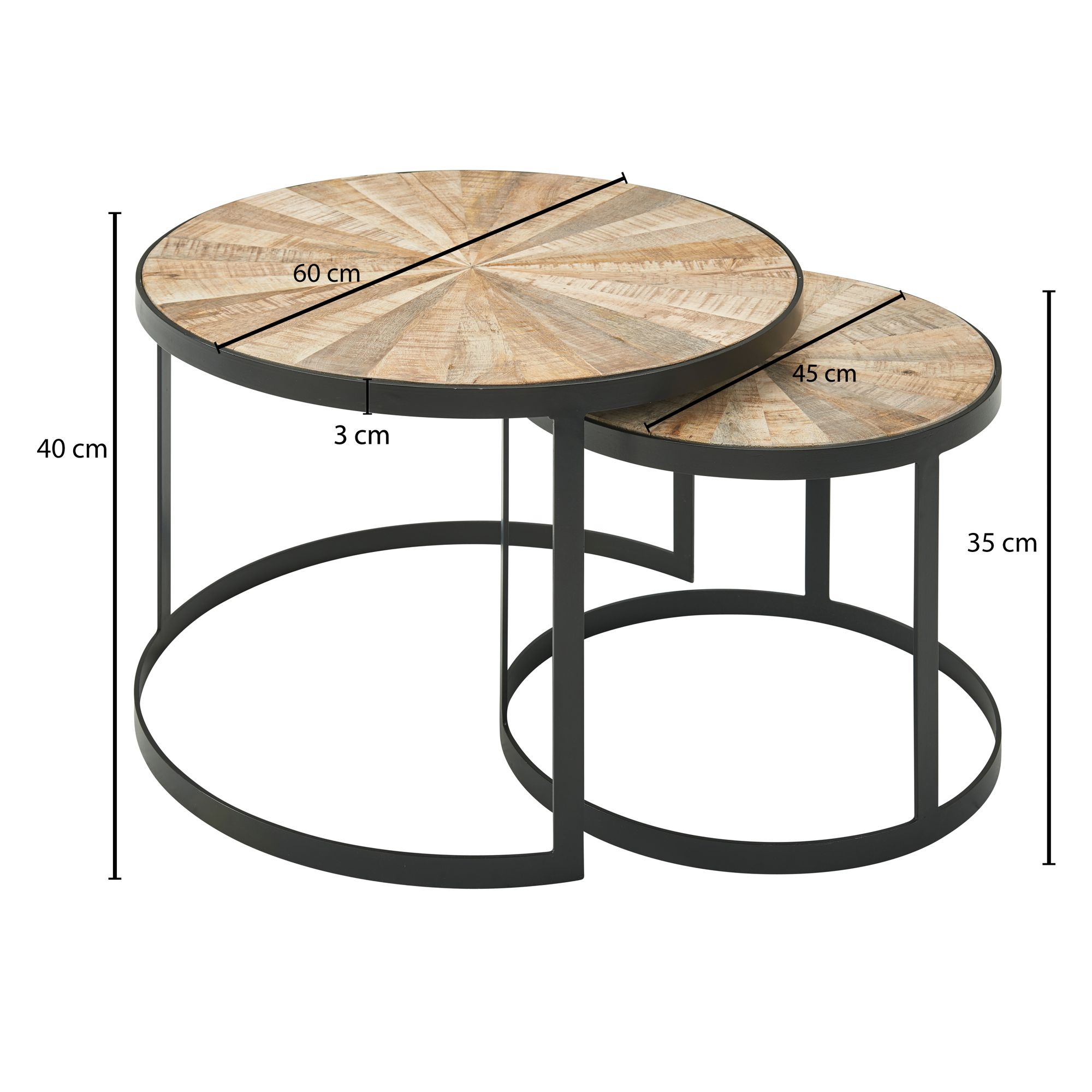 Diseño de 2 mesas nido de madera maciza de mango redondas