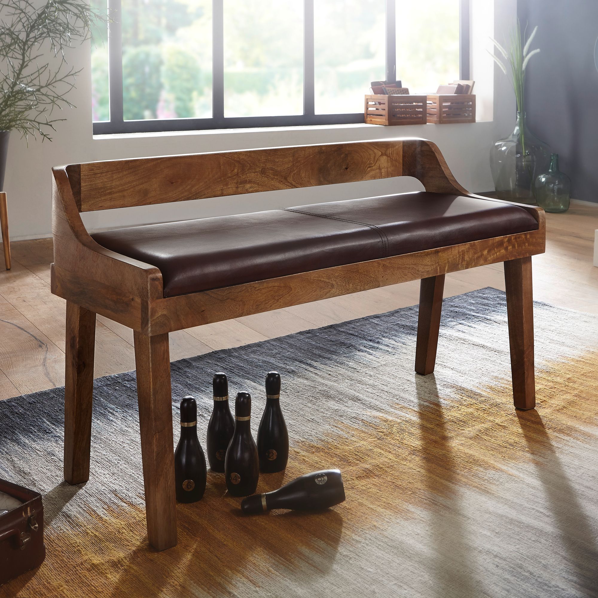 Banco  banco de cuero auténtico / madera maciza 108x63x43 cm