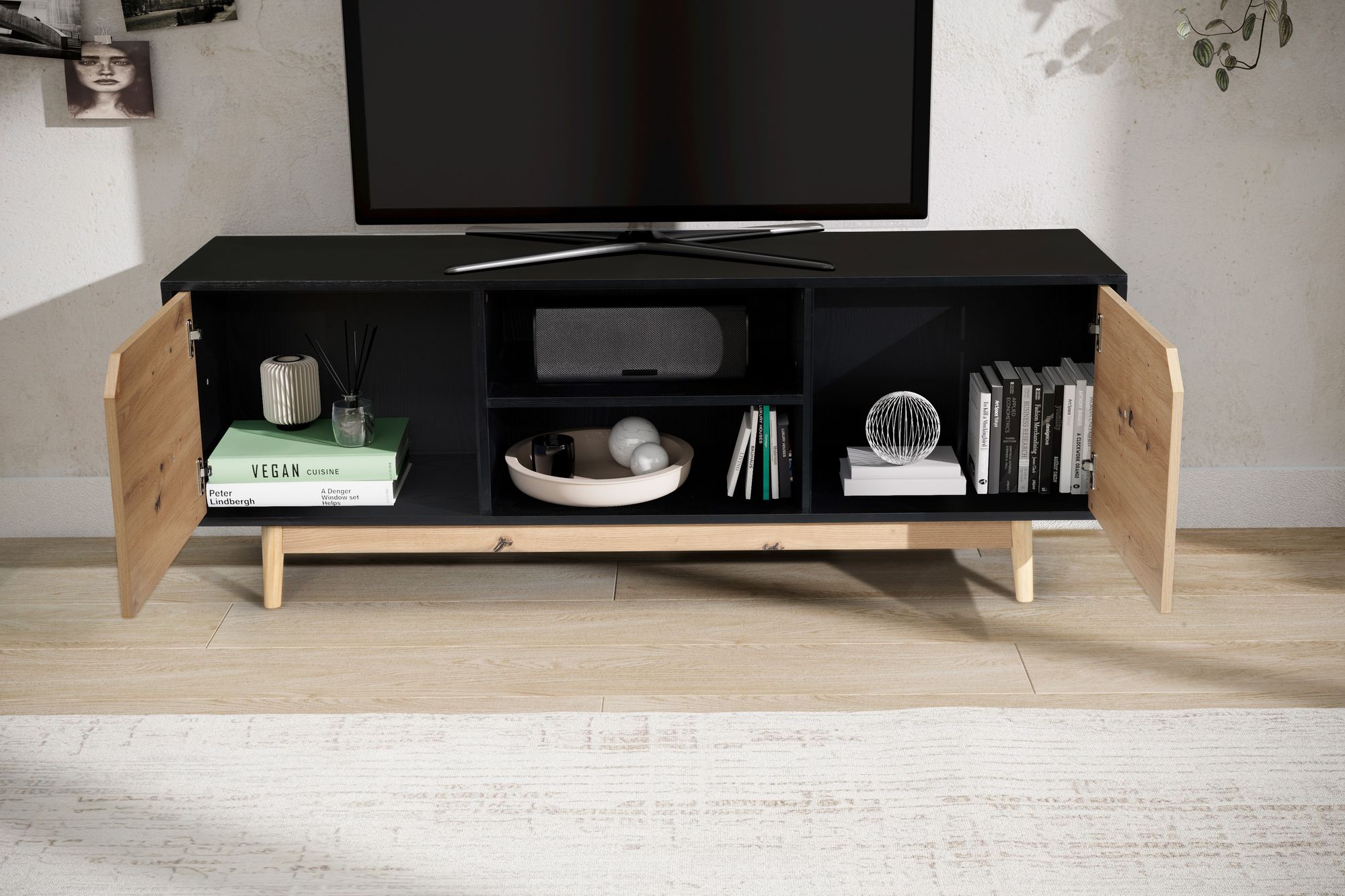 Mueble para tv de roble negro 150x55x40 cm, mueble para tv moderno, mueble para tv de diseño alto, mesa para tv, mueble para tv con dos puertas, mueble para tv para sala de estar