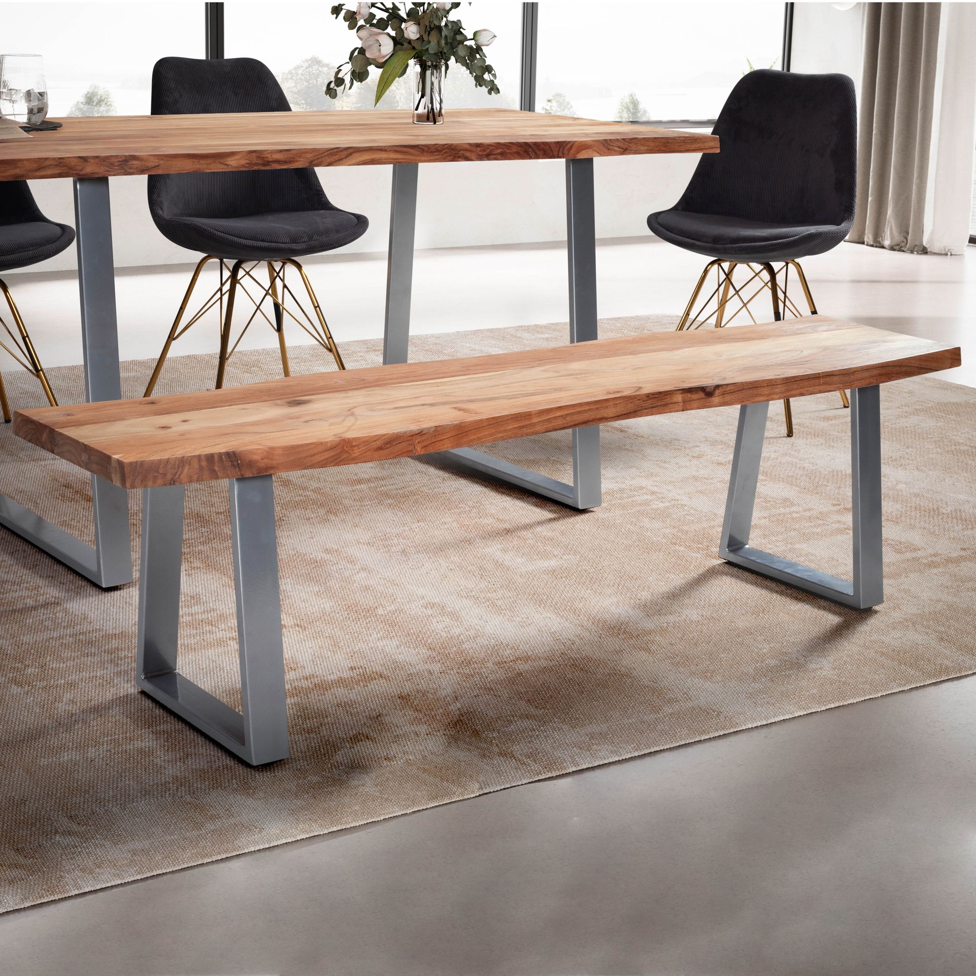 Banco de comedor 120x40x45,5 cm madera maciza de acacia / metal con borde de árbol, banco de mesa de comedor banco de madera maciza sin respaldo, banco de cocina banco de comedor cromado moderno, banco de comedor pequeño