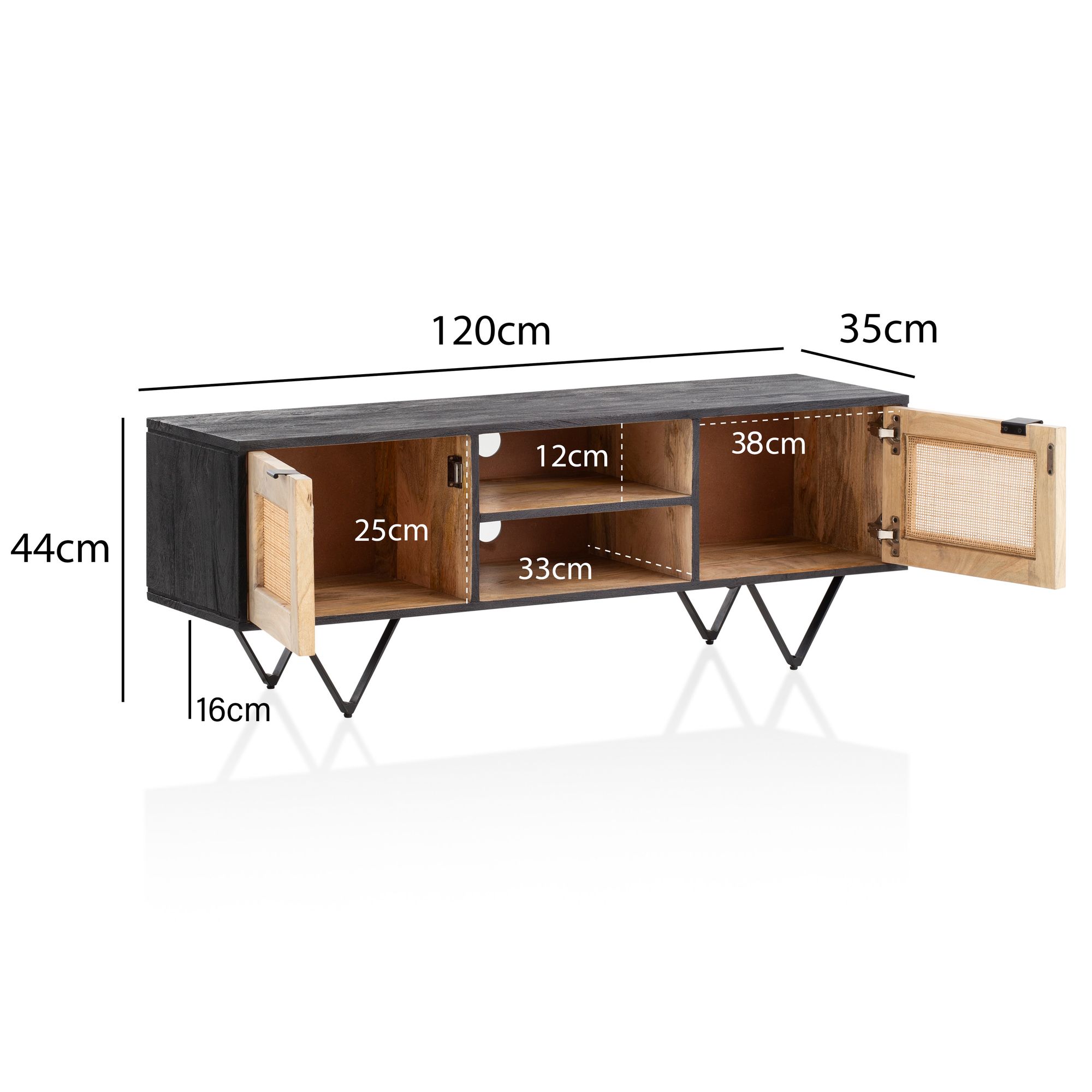 Mueble tv madera maciza de mango y ratán 120x44x35 cm moderno