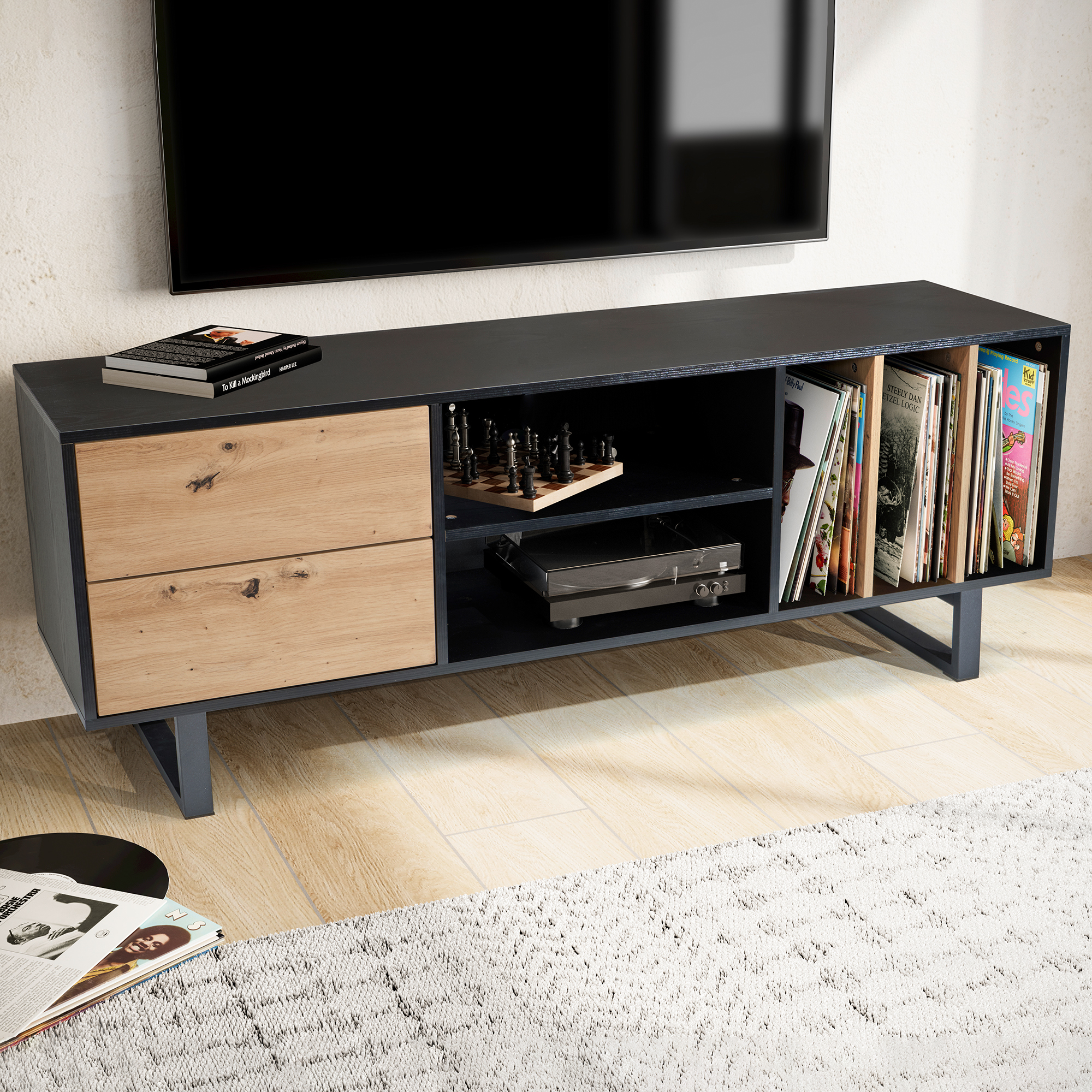 Mueble para tv negro con decoración de roble 150x55x40 cm mueble para tv moderno, mueble para tv de diseño alto, mesa para tv mueble para tv con cajones y estante, mueble para tv para sala de estar