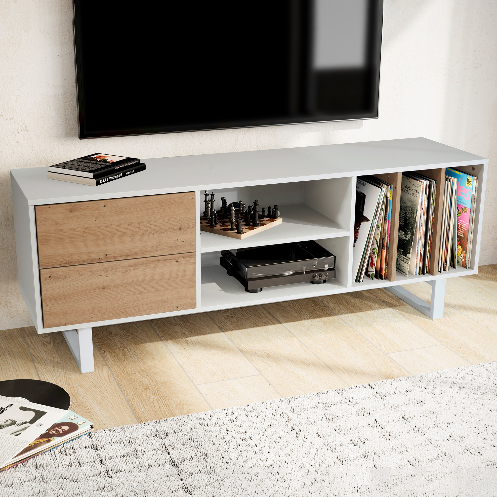 Mueble para tv blanco con decoración de roble 150x55x40 cm mueble para tv moderno, mueble para tv de diseño alto, mesa para tv mueble para tv con cajones y estante, mueble para tv para sala de estar