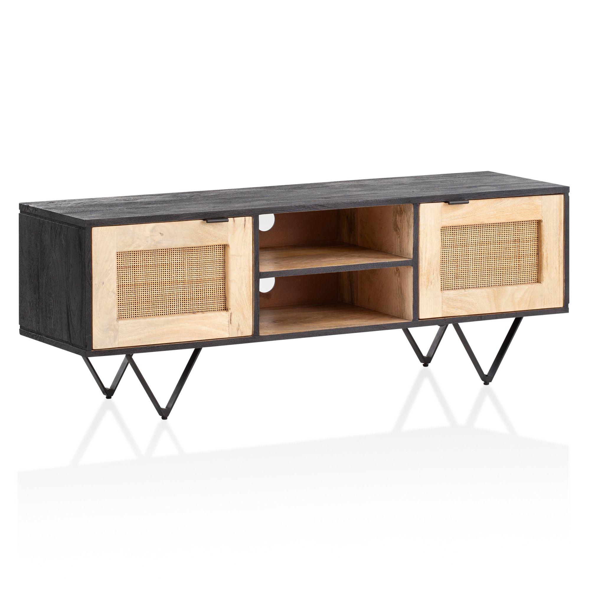 Mueble tv madera maciza de mango y ratán 120x44x35 cm moderno