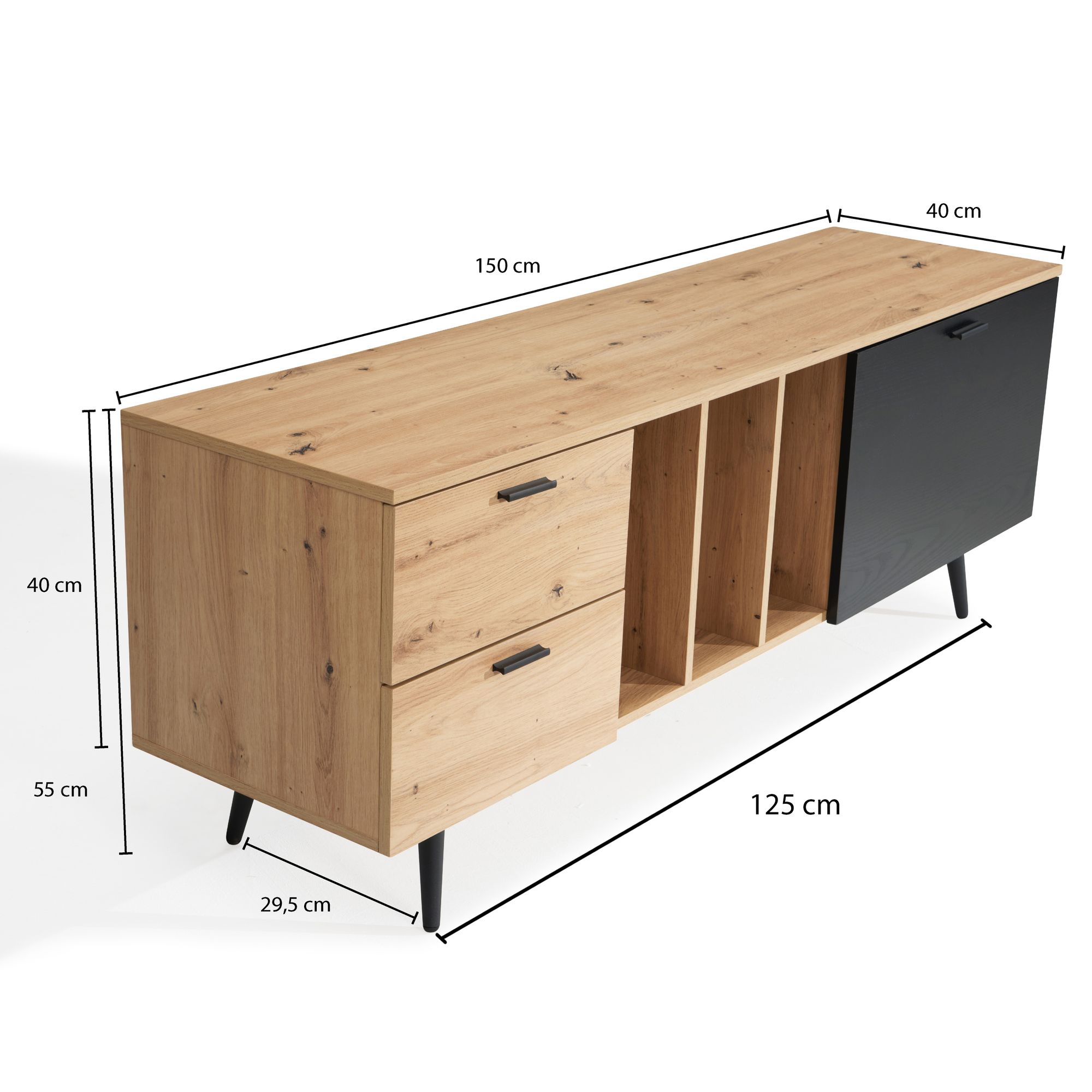 Mueble bajo de roble decorativo negro 150x55x40 cm mueble para tv de diseño moderno, mueble para tv alto, mesa para tv mueble para tv con puerta y cajones, mueble para tv para salón moderno