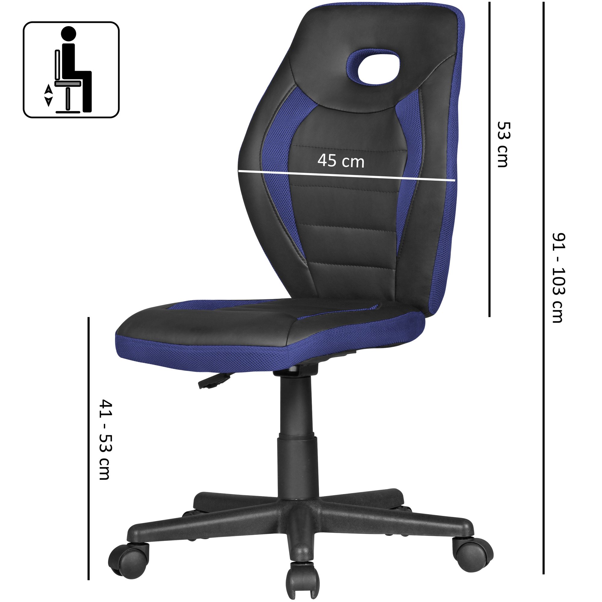 Silla de escritorio infantil luan negro/azul para niños a partir de 6 años con respaldo, silla giratoria para niños, silla de oficina ergonómica para niños, silla juvenil de altura regulable, silla de escritorio para niños sin repos