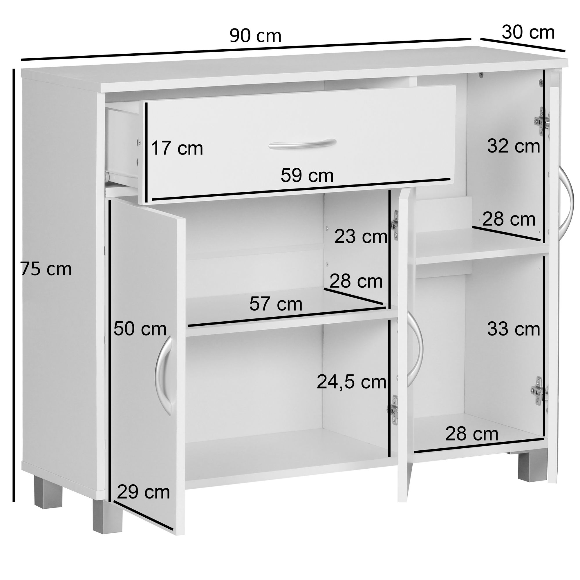 Aparador jarry matt blanco con 1 cajón y 3 puertas 90 x 75 x 30 cm