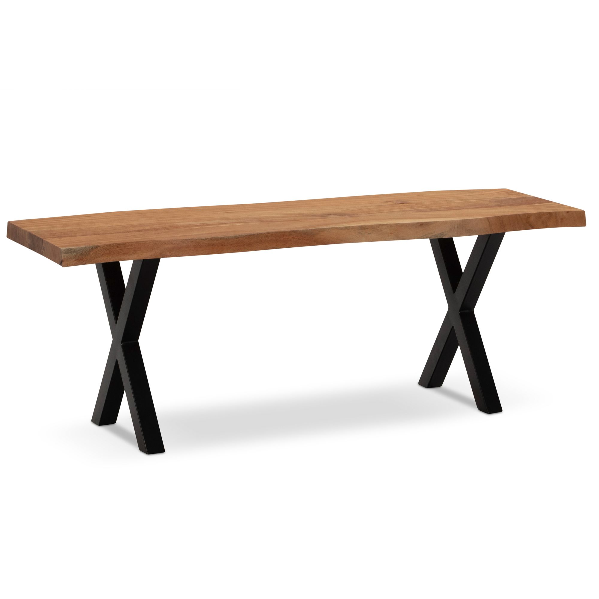 Banco de armario 120x40x45,5 cm madera maciza de acacia / metal con borde de árbol, banco de recibidor banco de madera maciza sin respaldo, banco de recibidor moderno zona de entrada patas en x pequeñas negro