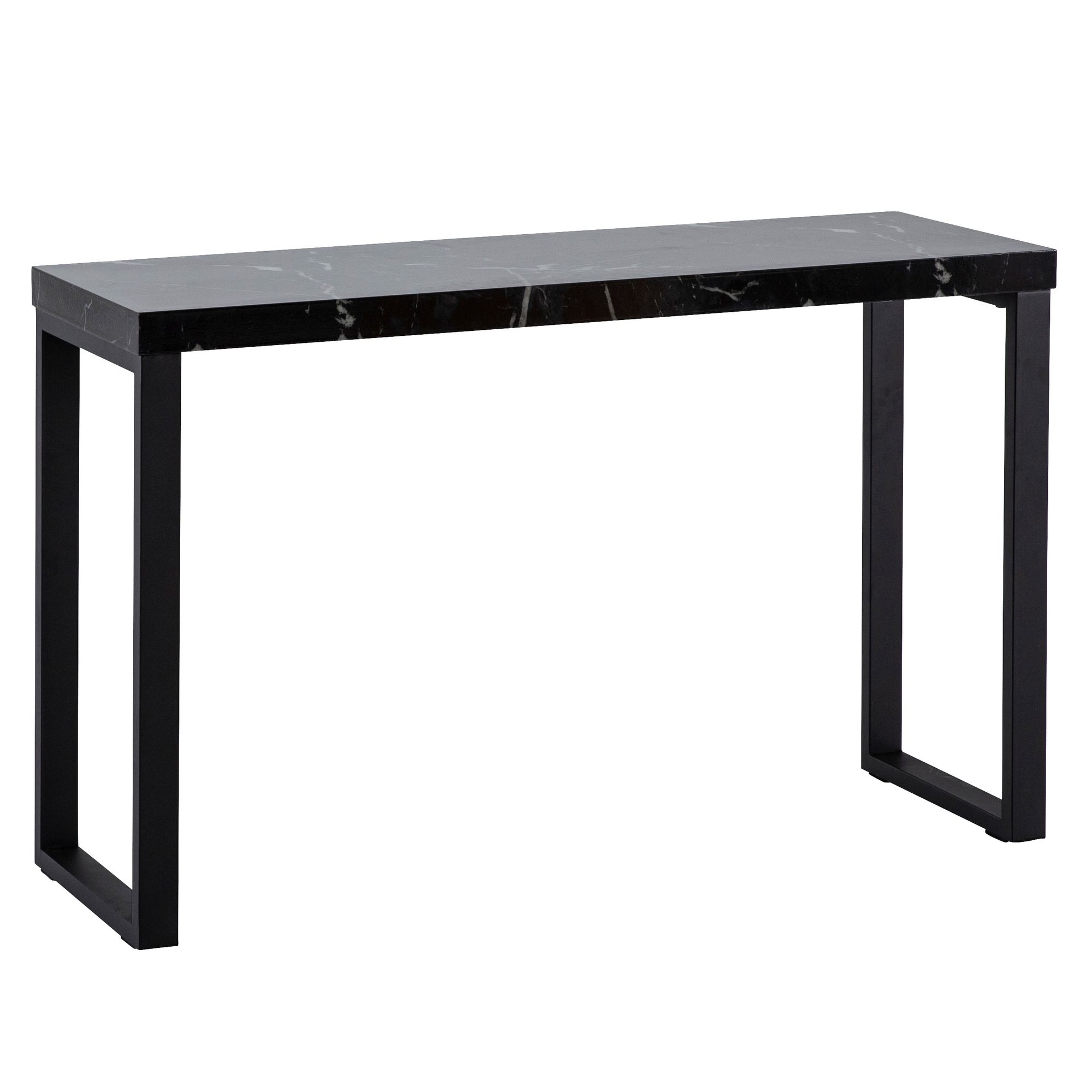 Mesa consola aspecto mármol brillante negro con patas de metal 120x40x76 cm, mesa de almacenaje estrecha, escritorio moderno gris, mesa de entrada rectangular