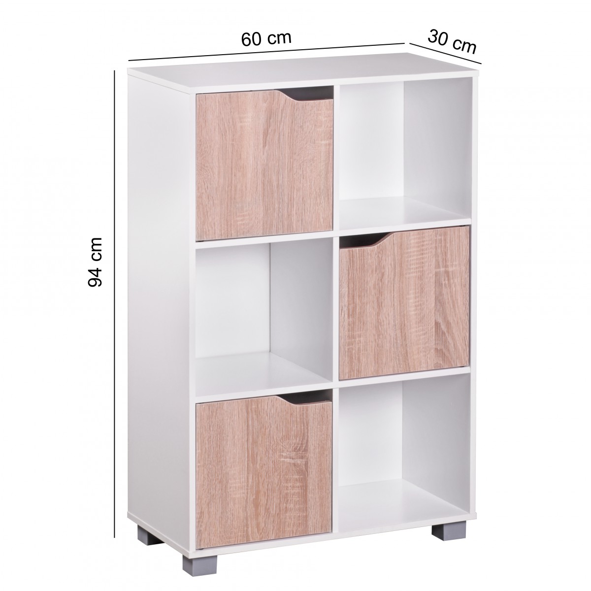 Biblioteca de diseño de madera moderna blanco con puertas de roble de pie sonoma estantería separada 6 compartimentos 60 x 90 x 30 cm