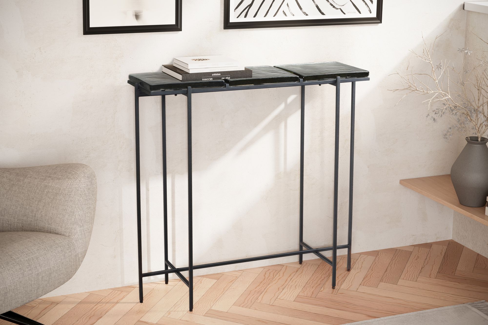 Mesa consola negra 90x29x85 cm aparador de diseño pasillo de vidrio, mesa de almacenamiento con estructura de metal estrecha moderna, mesa de pasillo con tableros extraíbles, mesa de recibidor larga y alta