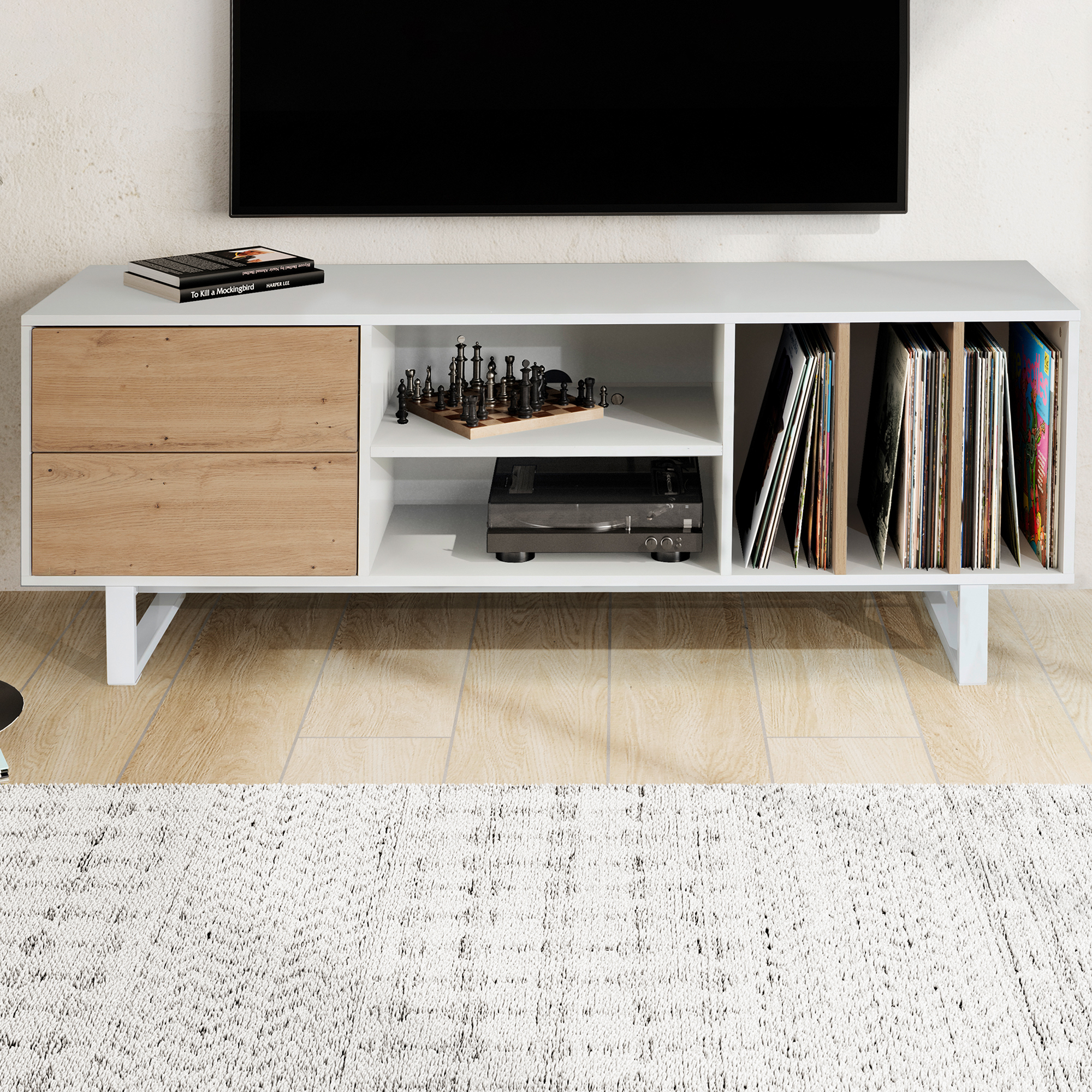 Mueble para tv blanco con decoración de roble 150x55x40 cm mueble para tv moderno, mueble para tv de diseño alto, mesa para tv mueble para tv con cajones y estante, mueble para tv para sala de estar